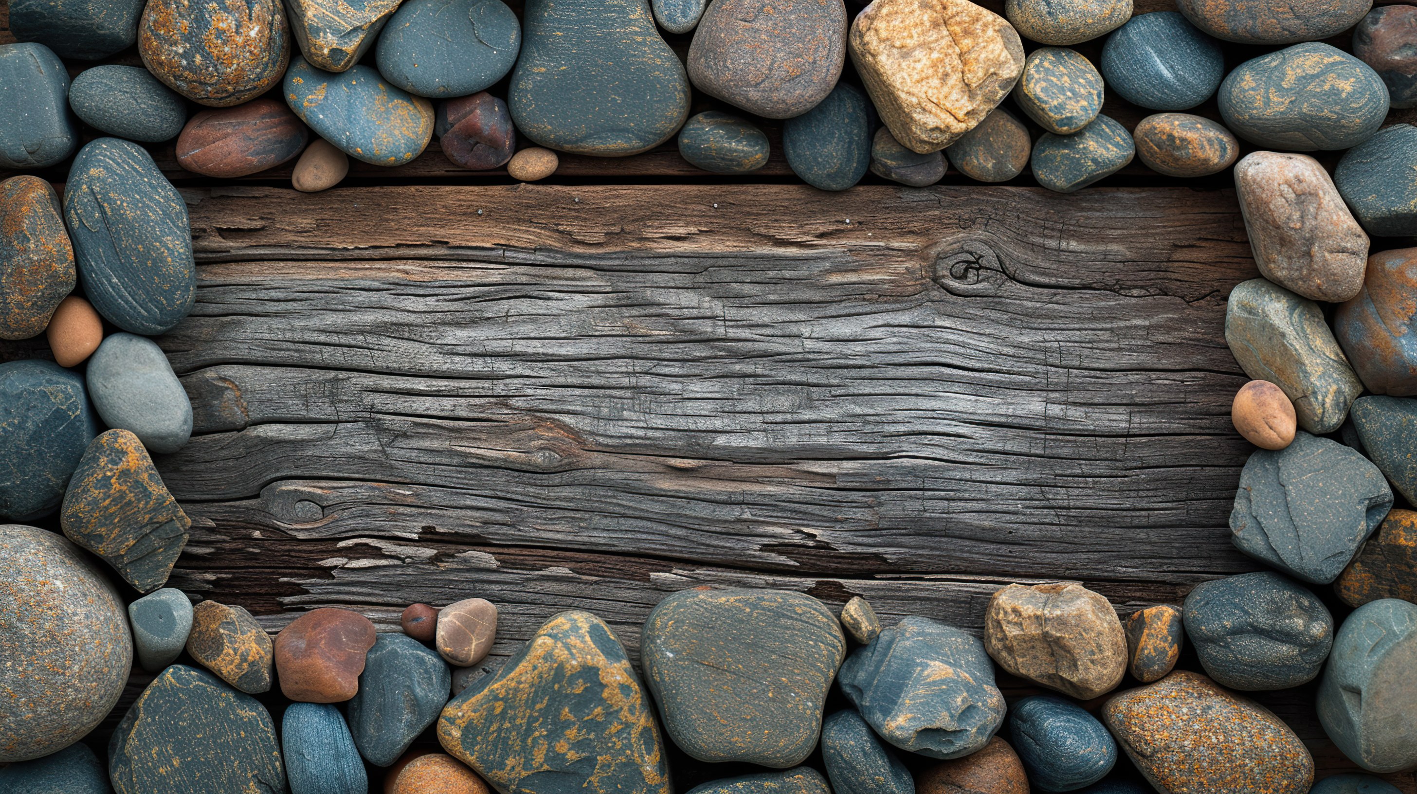 Frame made of pebble stones with wooden background