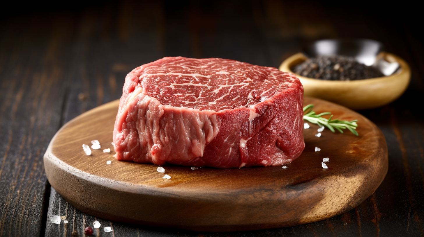 Fresh Raw Beef Steaks with Rosemary, Peppercorns, and Coarse Salt on wooden cutting board