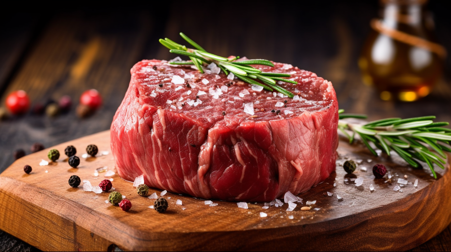 Fresh Raw Beef Steaks with Rosemary, Peppercorns, and Coarse Salt on wooden cutting board