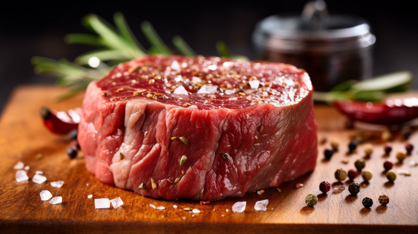 Fresh Raw Beef Steaks with Rosemary, Peppercorns, and Coarse Salt on wooden cutting board