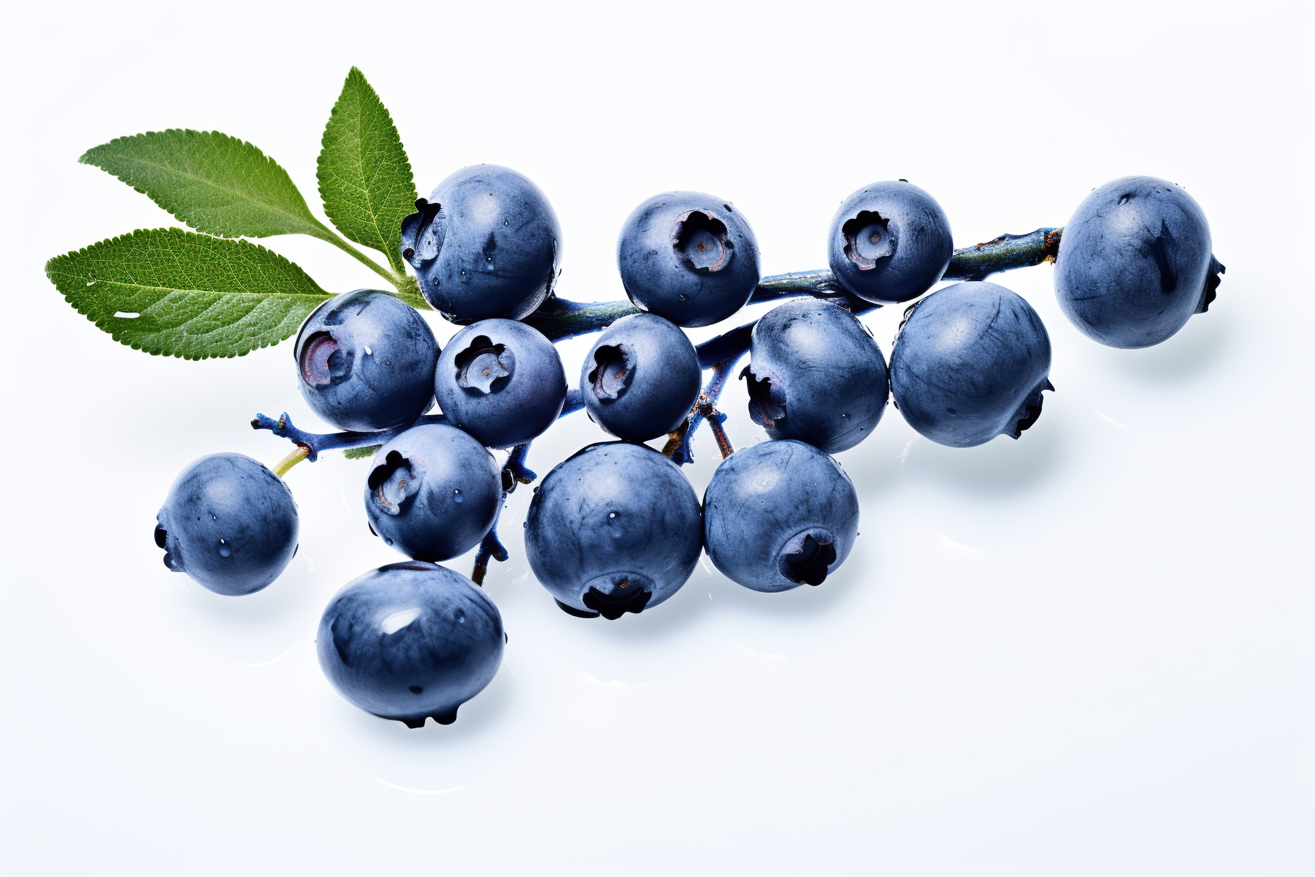 Fresh lueberries with green leaves isolated on a white background