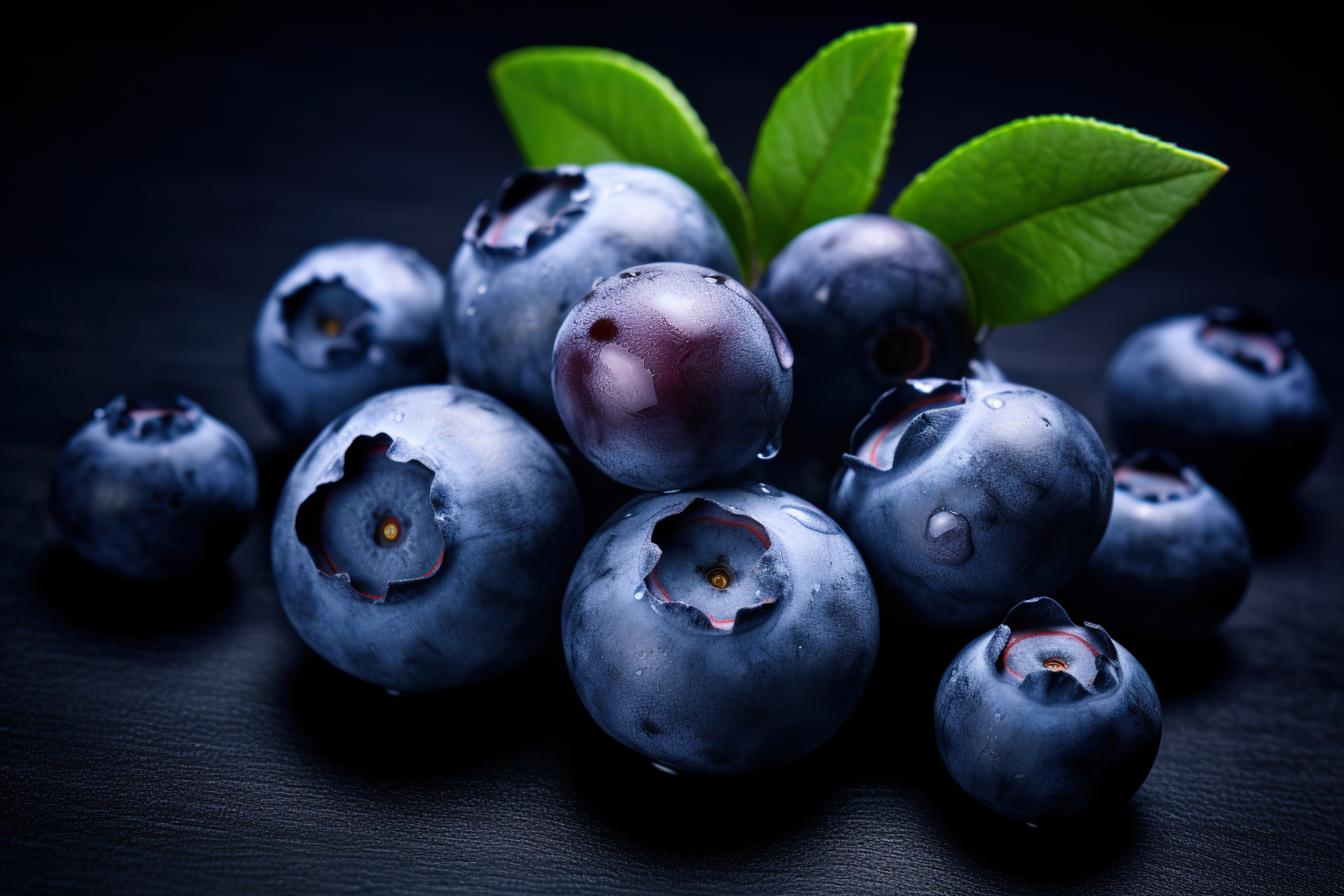 Fresh lueberries with drplets and green leaves isolated on a dark background
