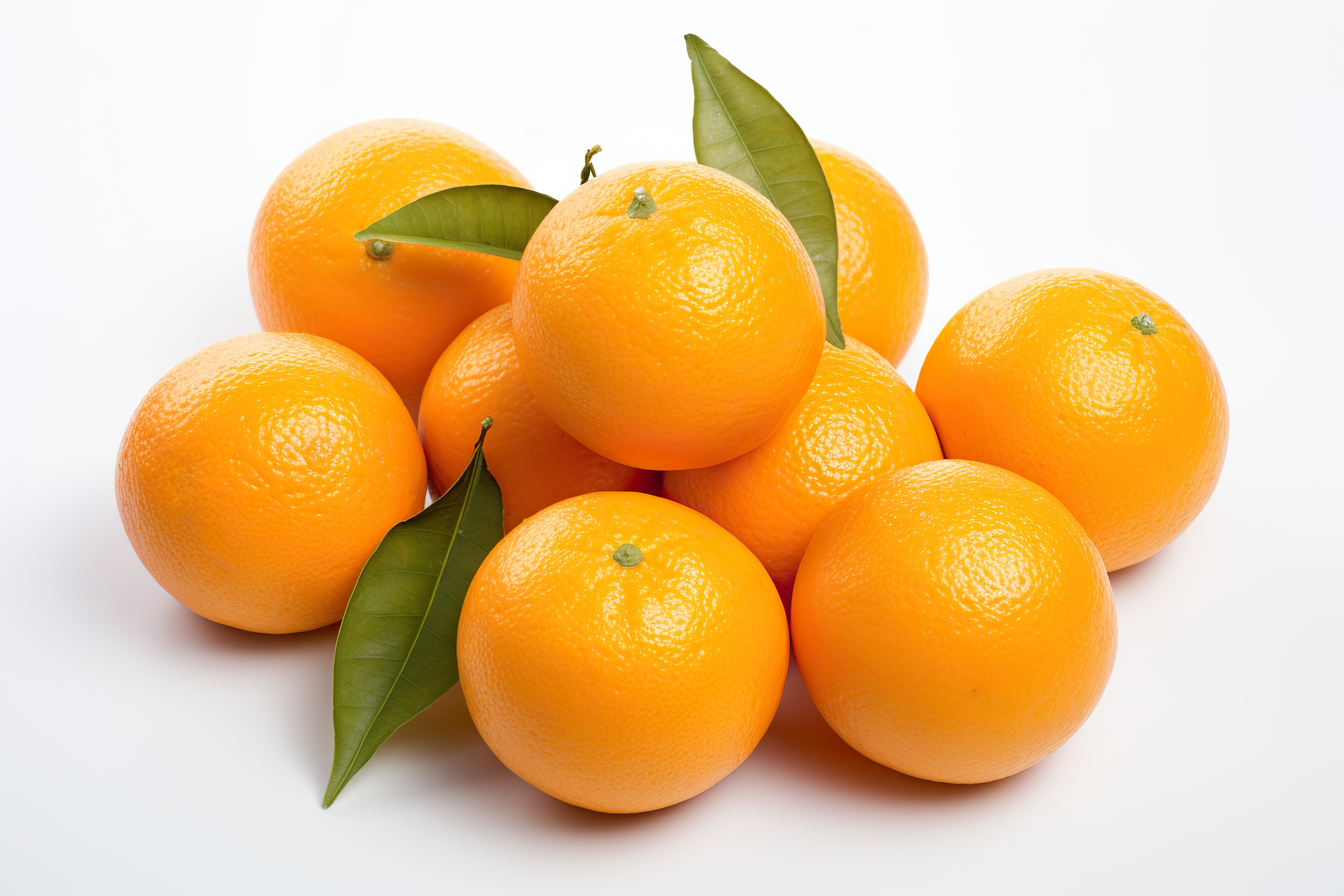 Fresh orange with green leaves isolated on white background