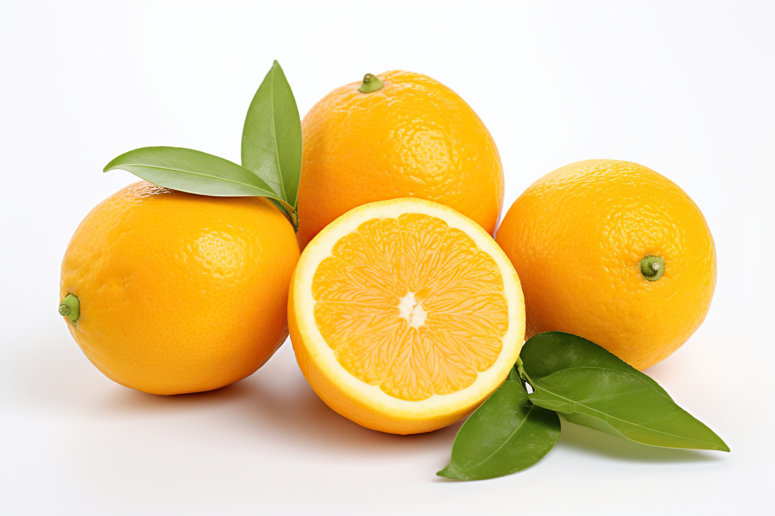 Fresh orange with green leaves isolated on white background
