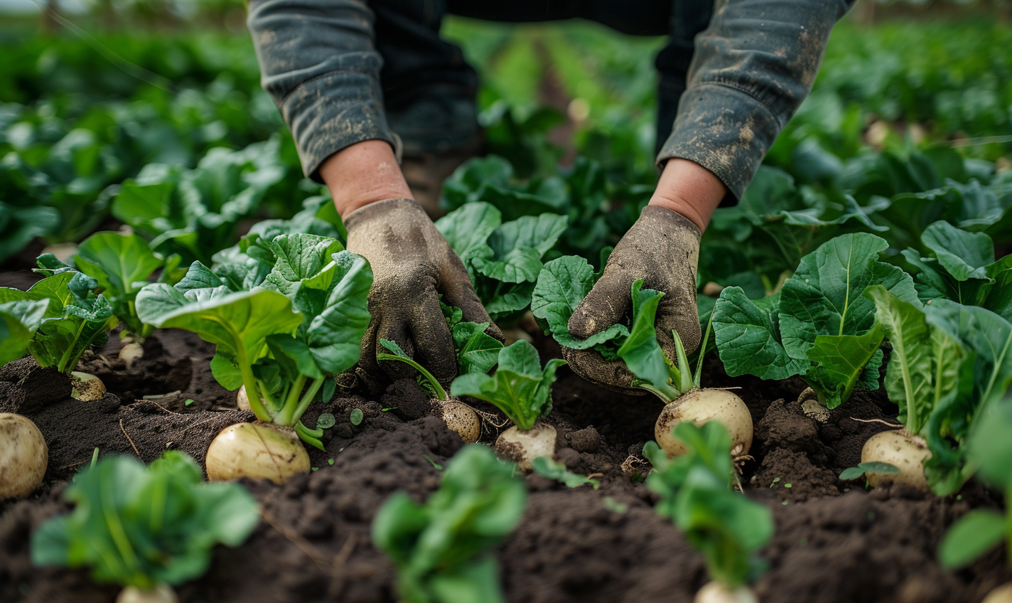 Gardener harvesting turnip roots in the spring