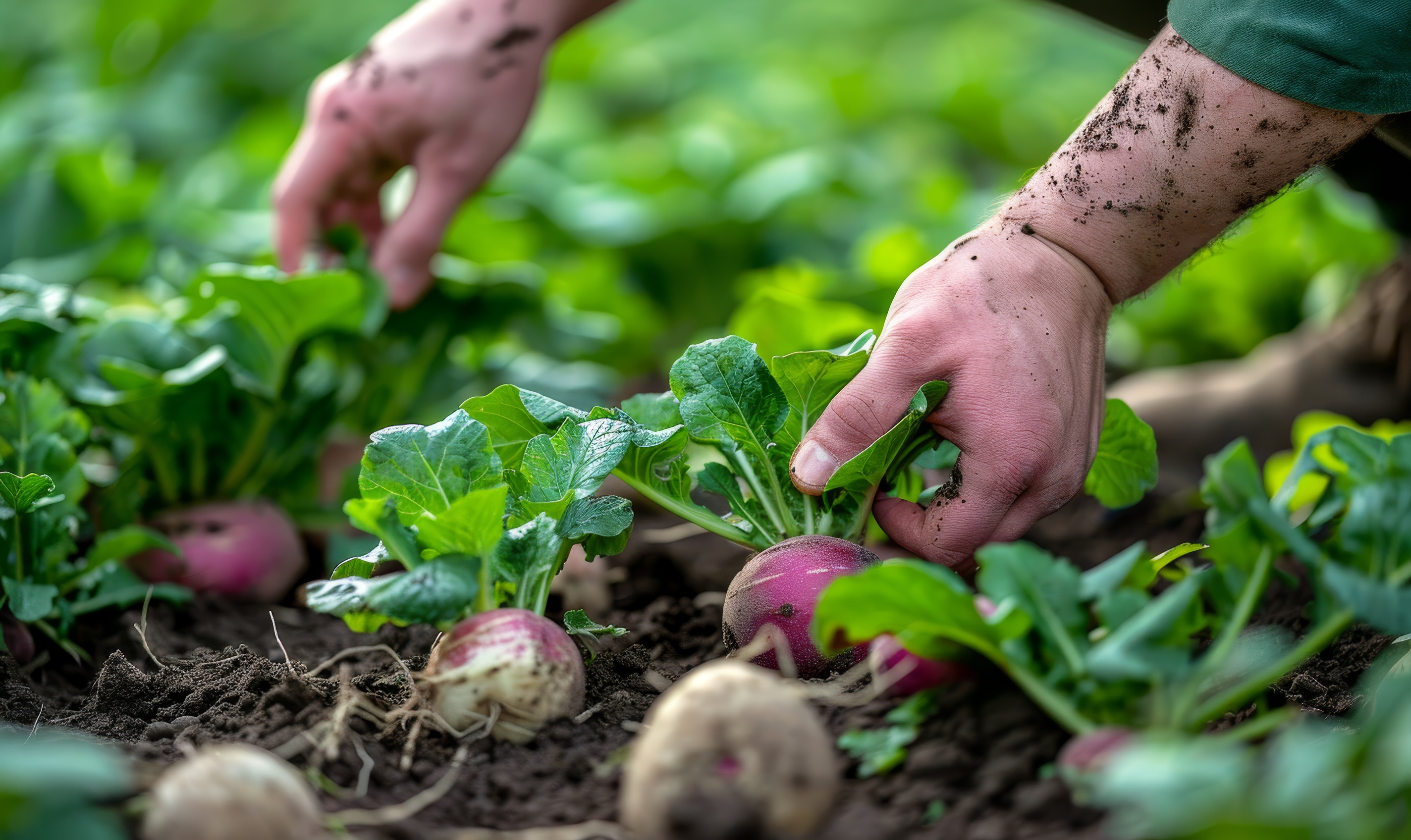 Gardener harvesting turnip roots in the spring