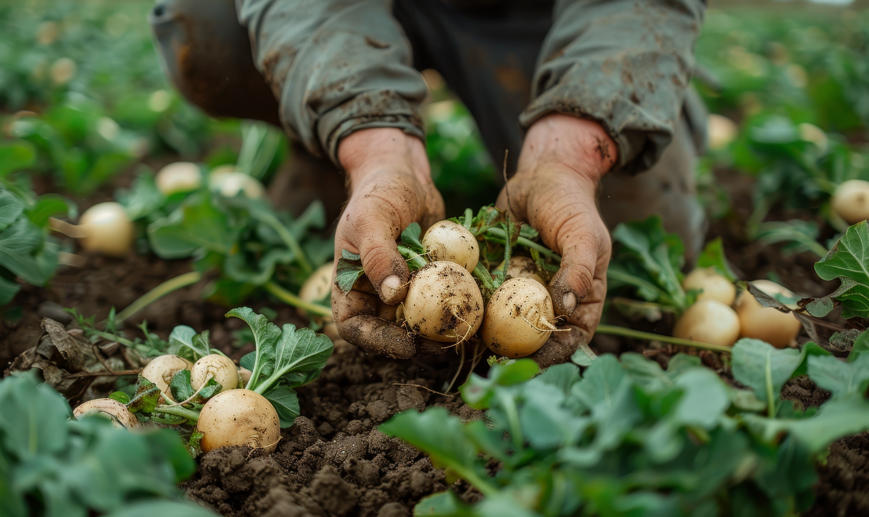 Gardener harvesting turnip roots in the spring