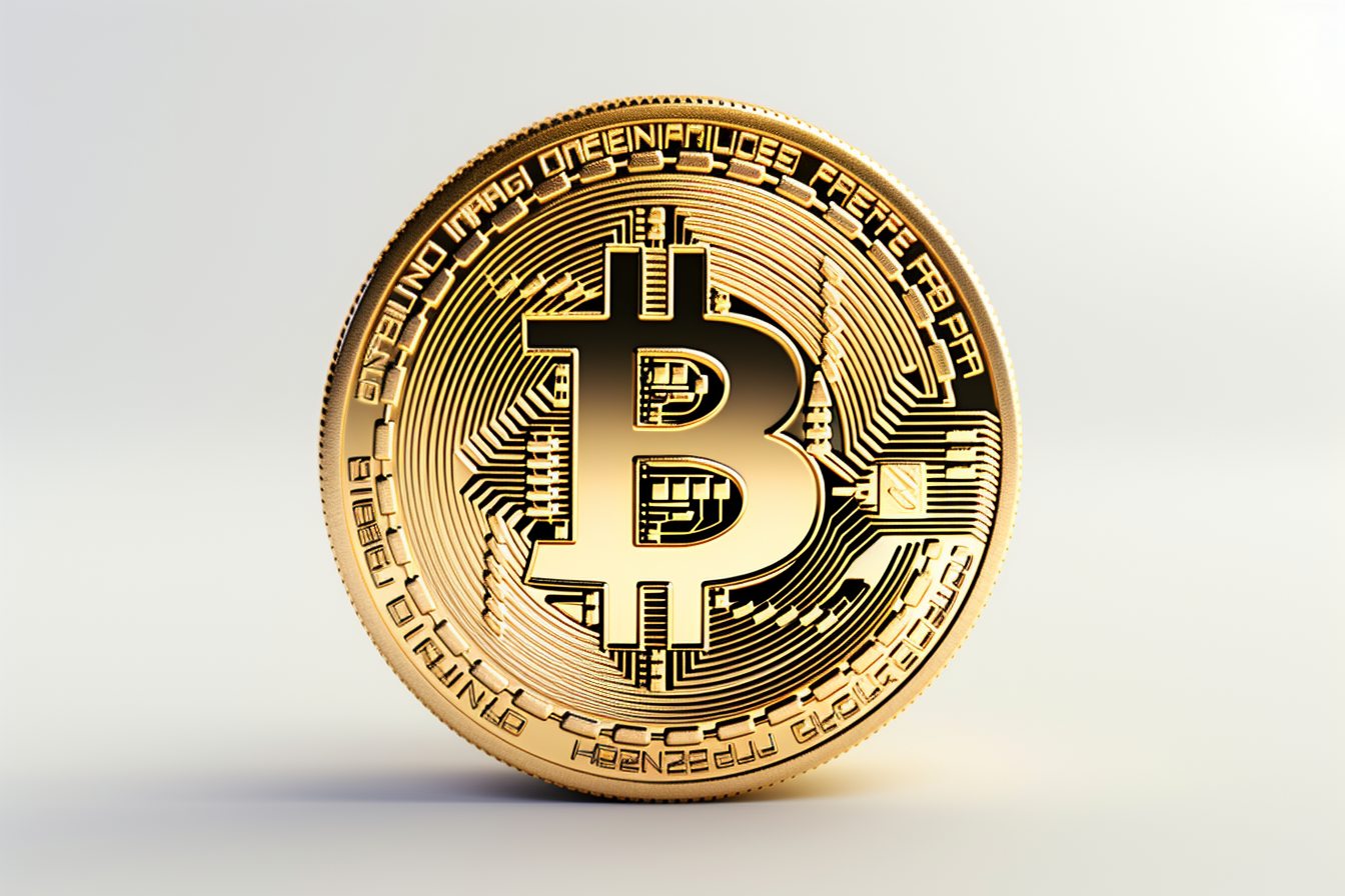 Golden coin with bitcoin symbol isolated on white background