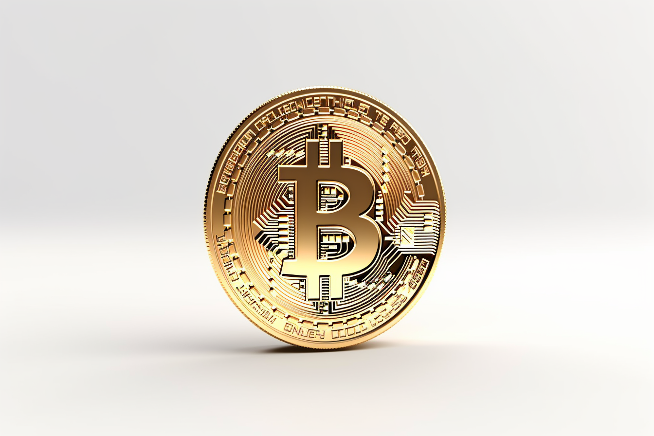 Golden coin with bitcoin symbol isolated on white background