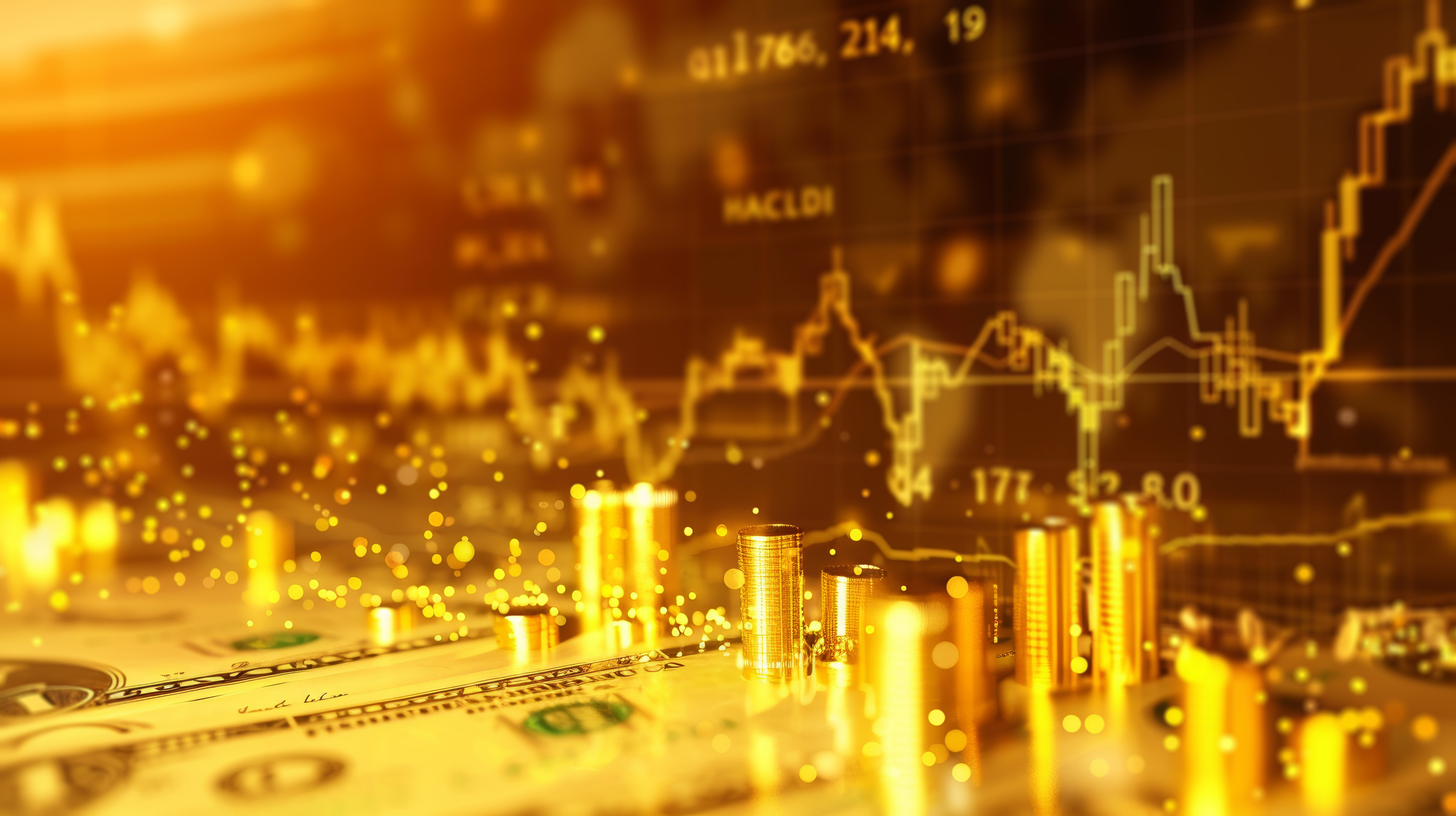 Golden financial growth chart, stock market diagram