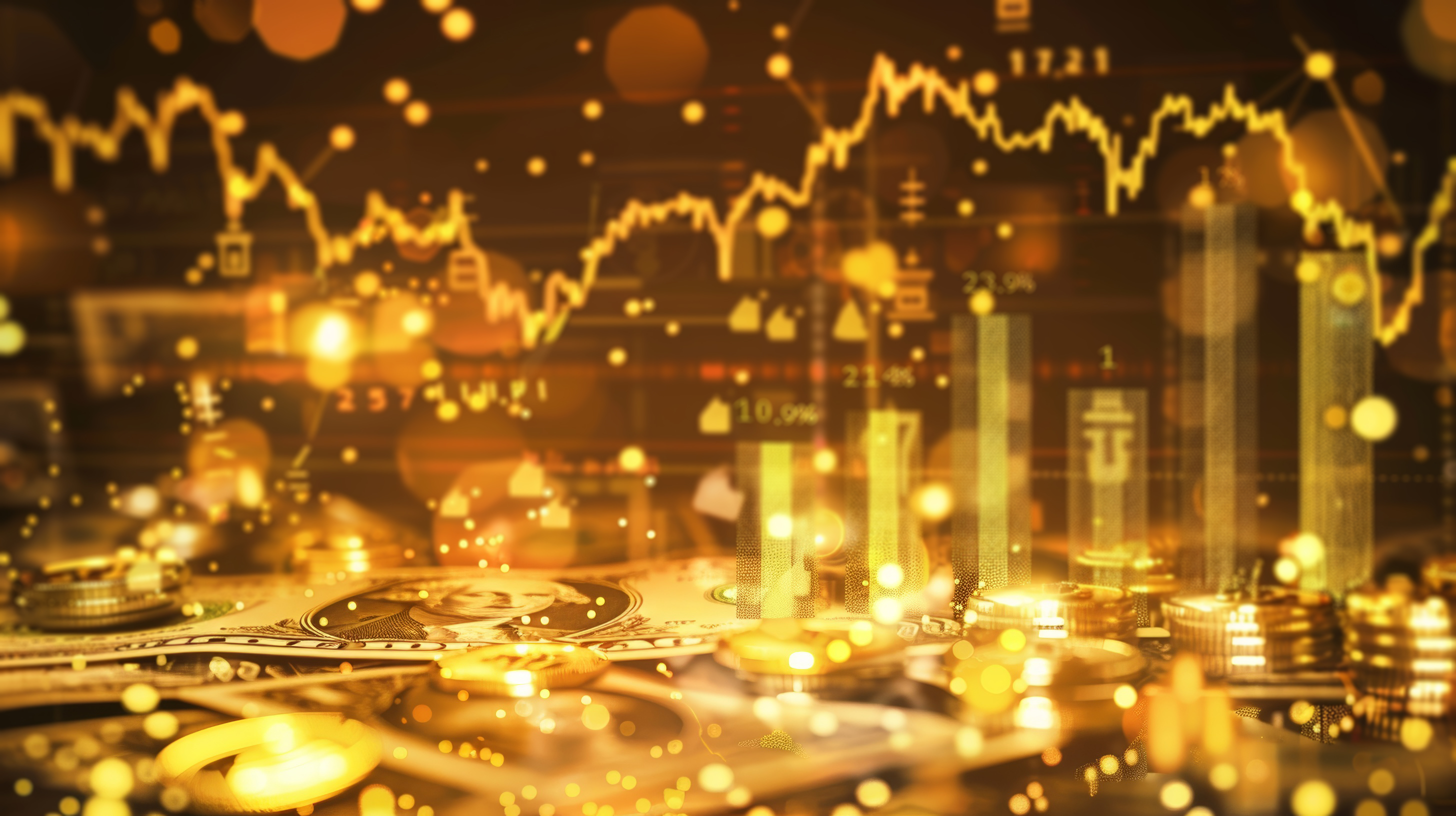 Golden financial growth chart, stock market diagram