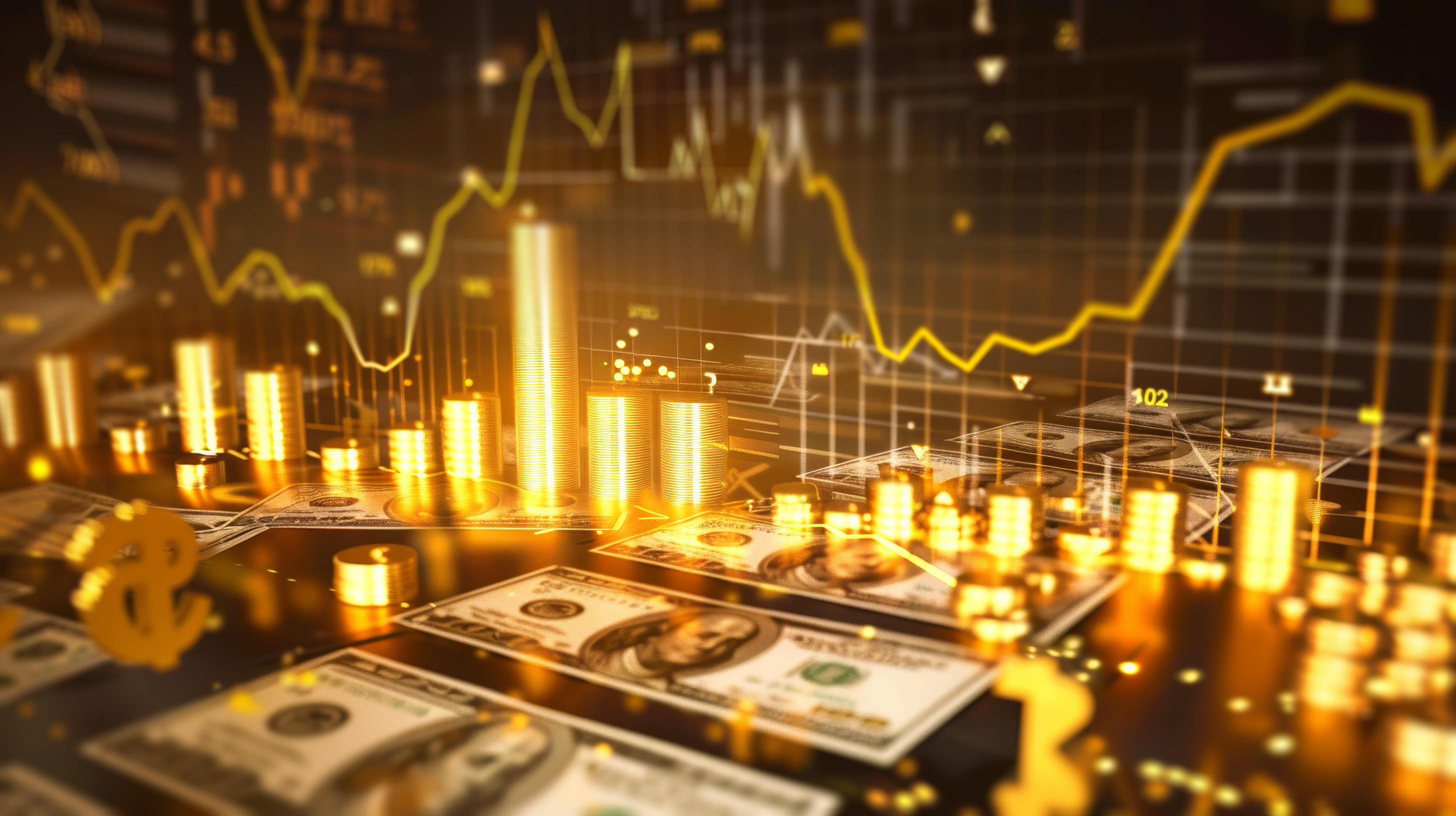 Golden financial growth chart, stock market diagram