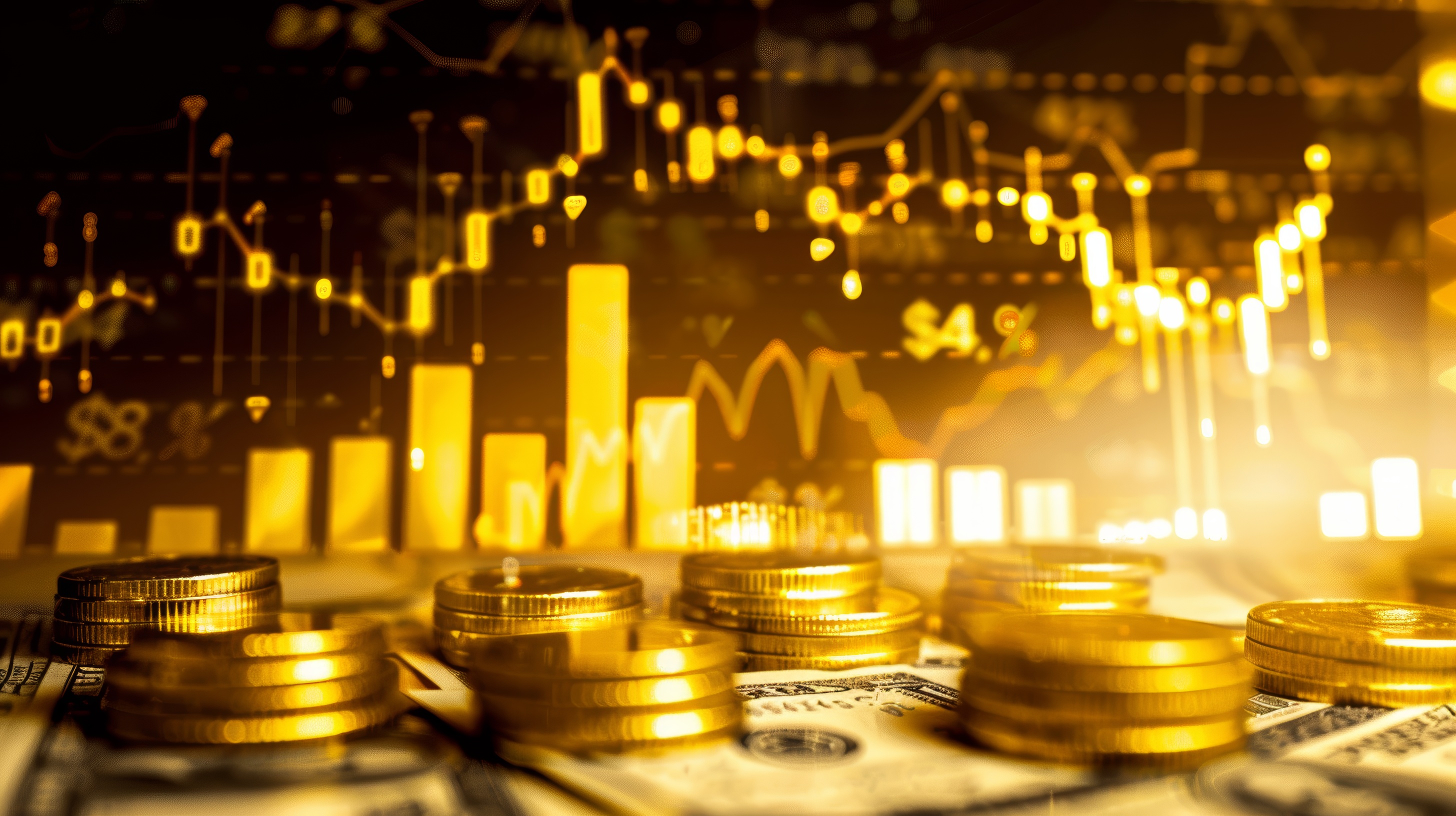 Golden financial growth chart, stock market diagram