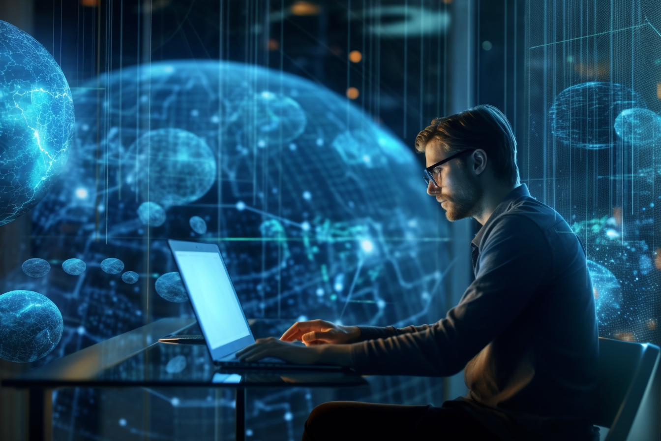 Hacker at desk with monitors using laptop with creative glowing globe hologram interface