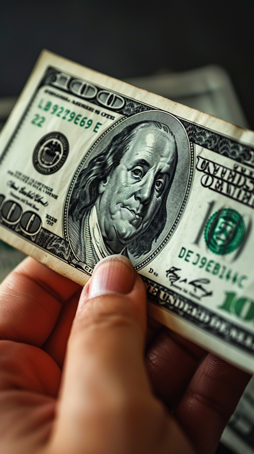 Hand holding 100 dollar bill on heap of hundreds, Generative AI