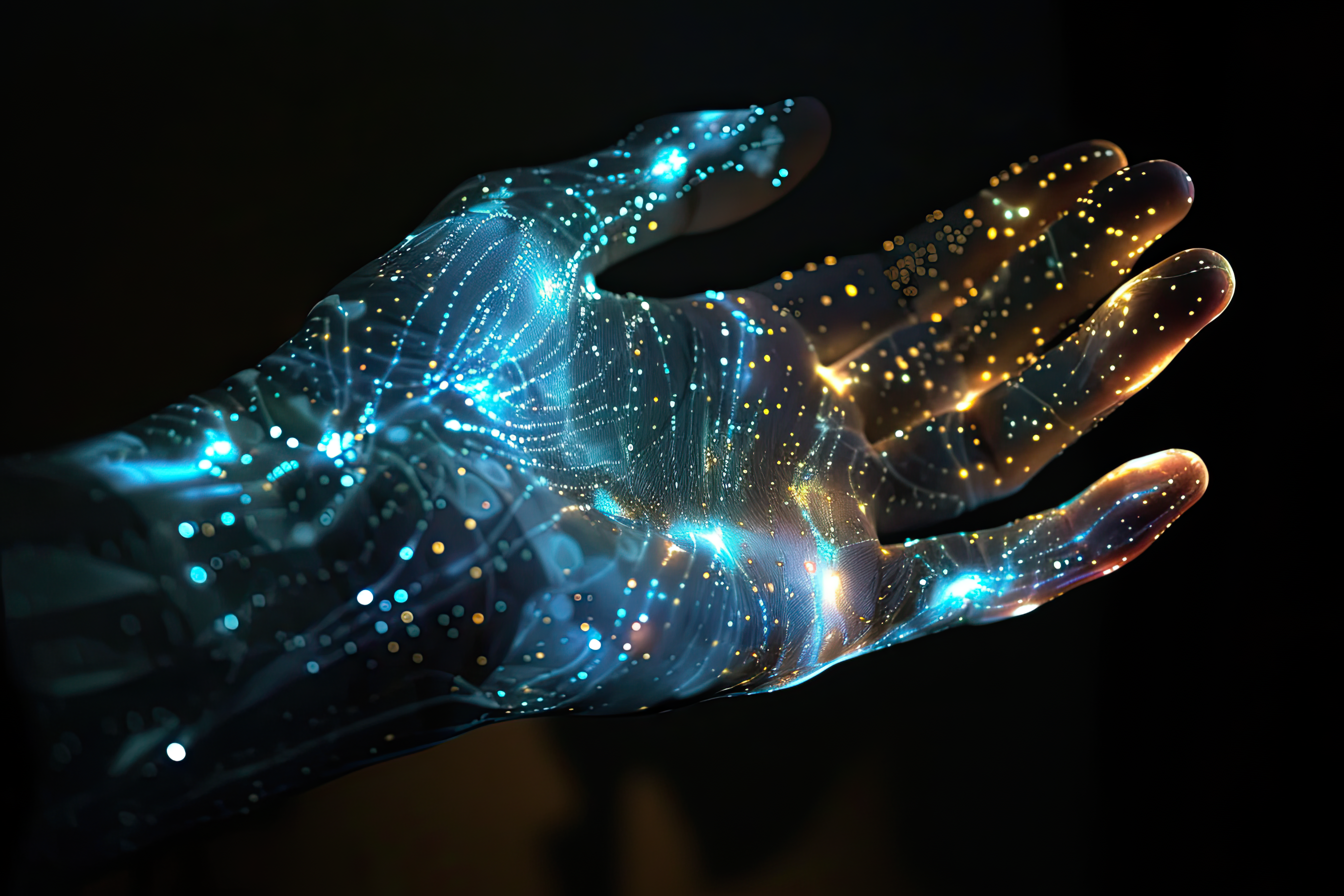 Hand of glowing blue and yellow particles, artificial arm, technology concept