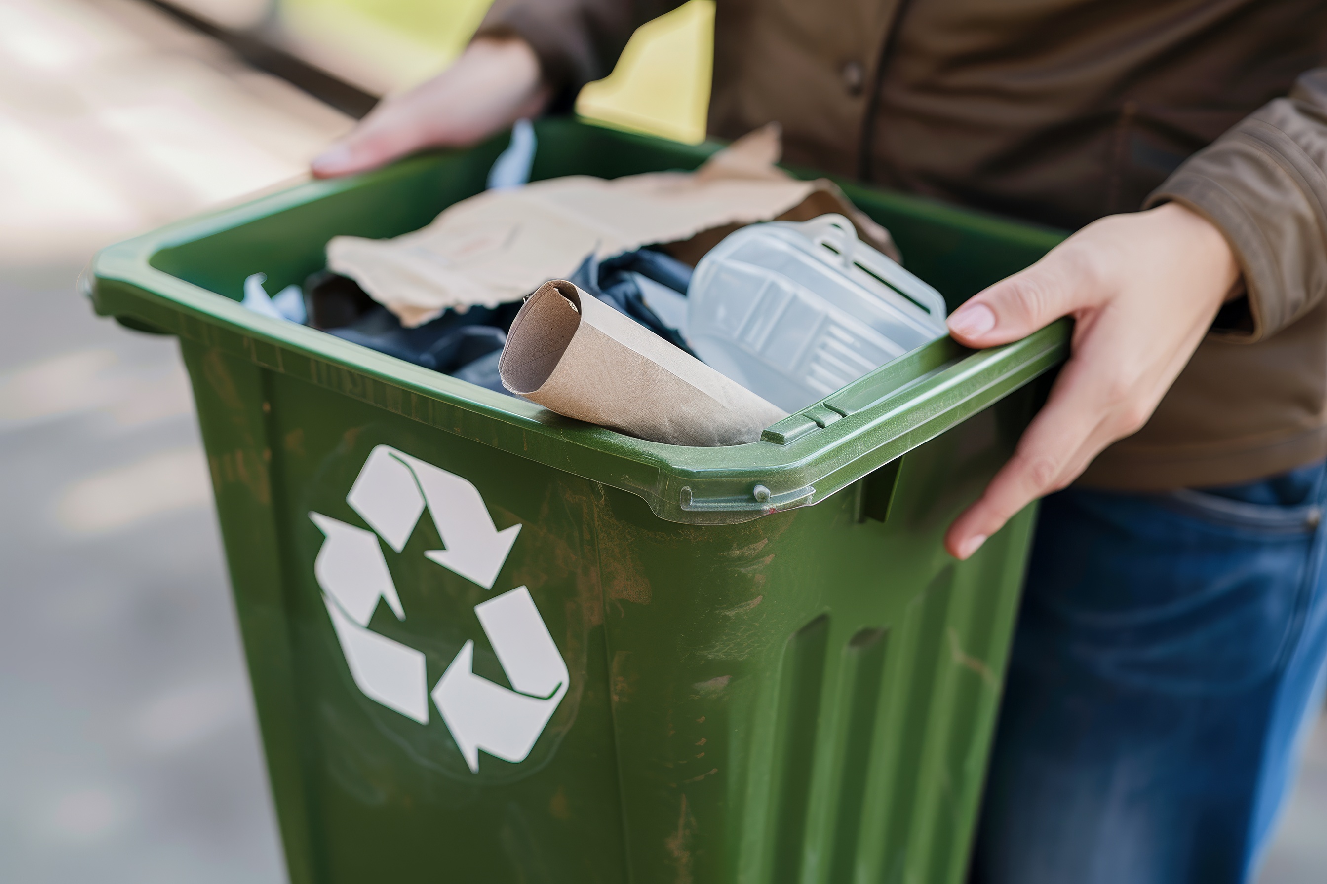 Hands holding green recycling bin full of garbage