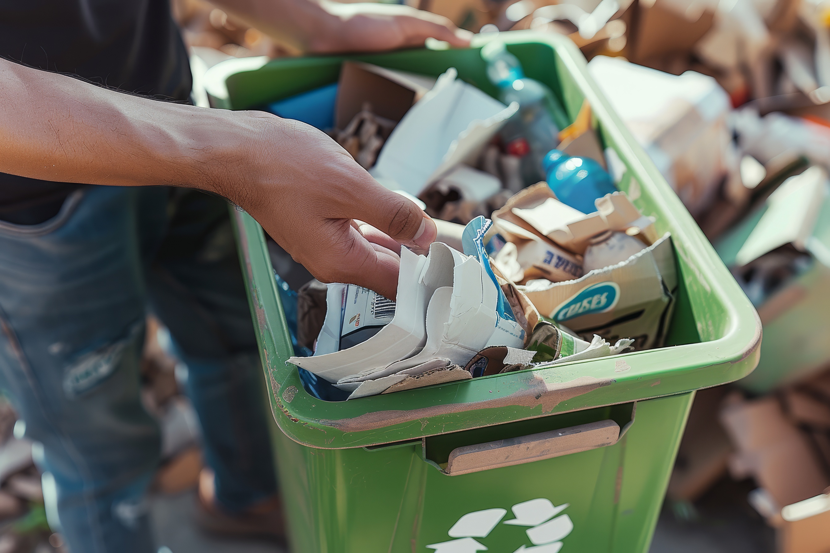 Hands holding green recycling bin full of garbage
