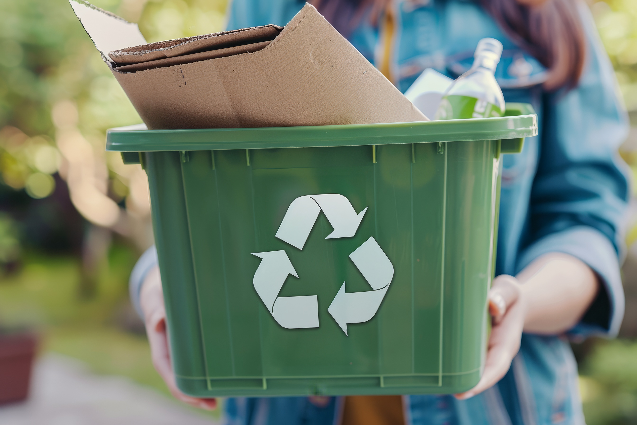 Hands holding green recycling bin full of garbage