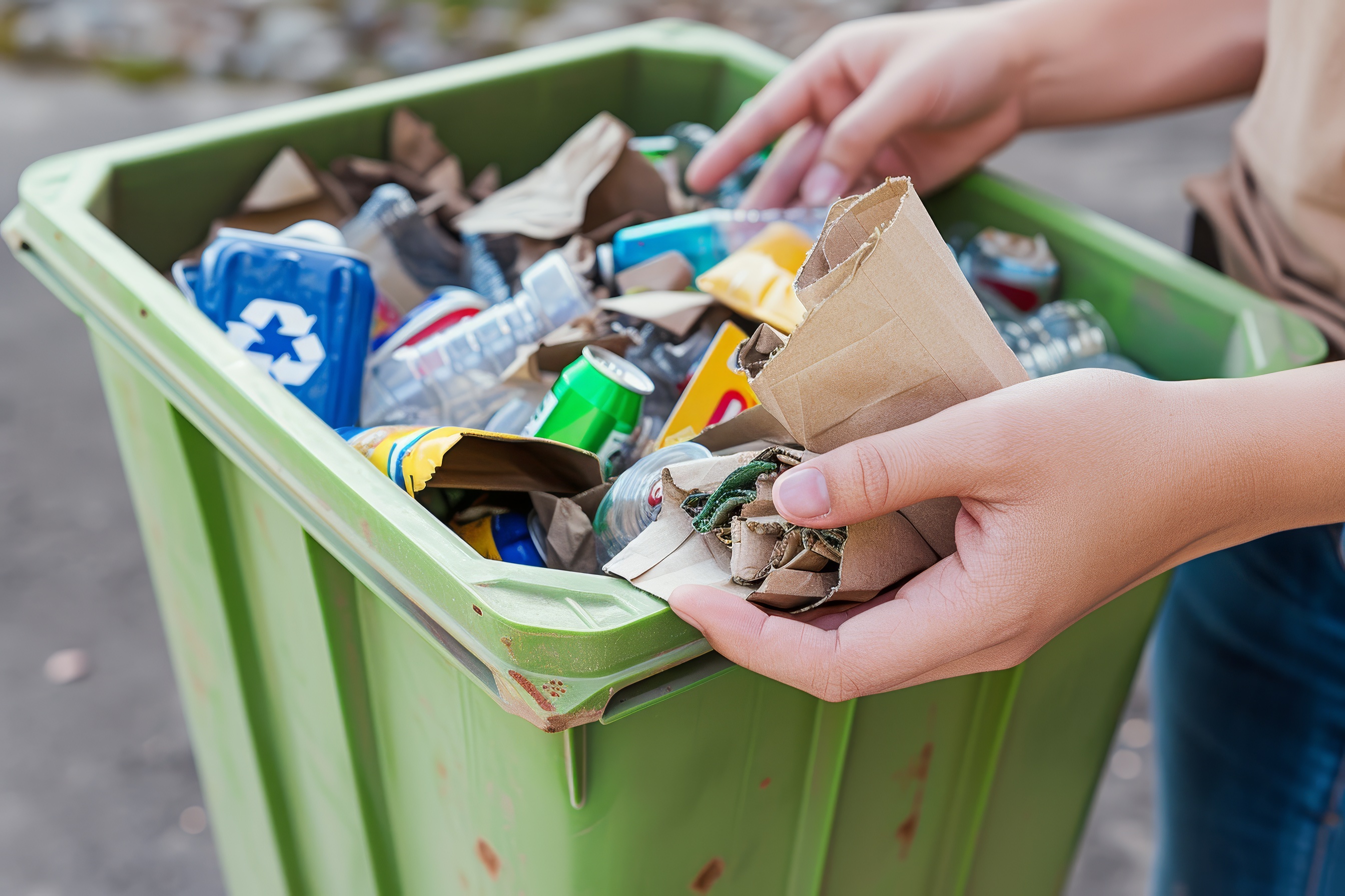 Hands holding green recycling bin full of garbage