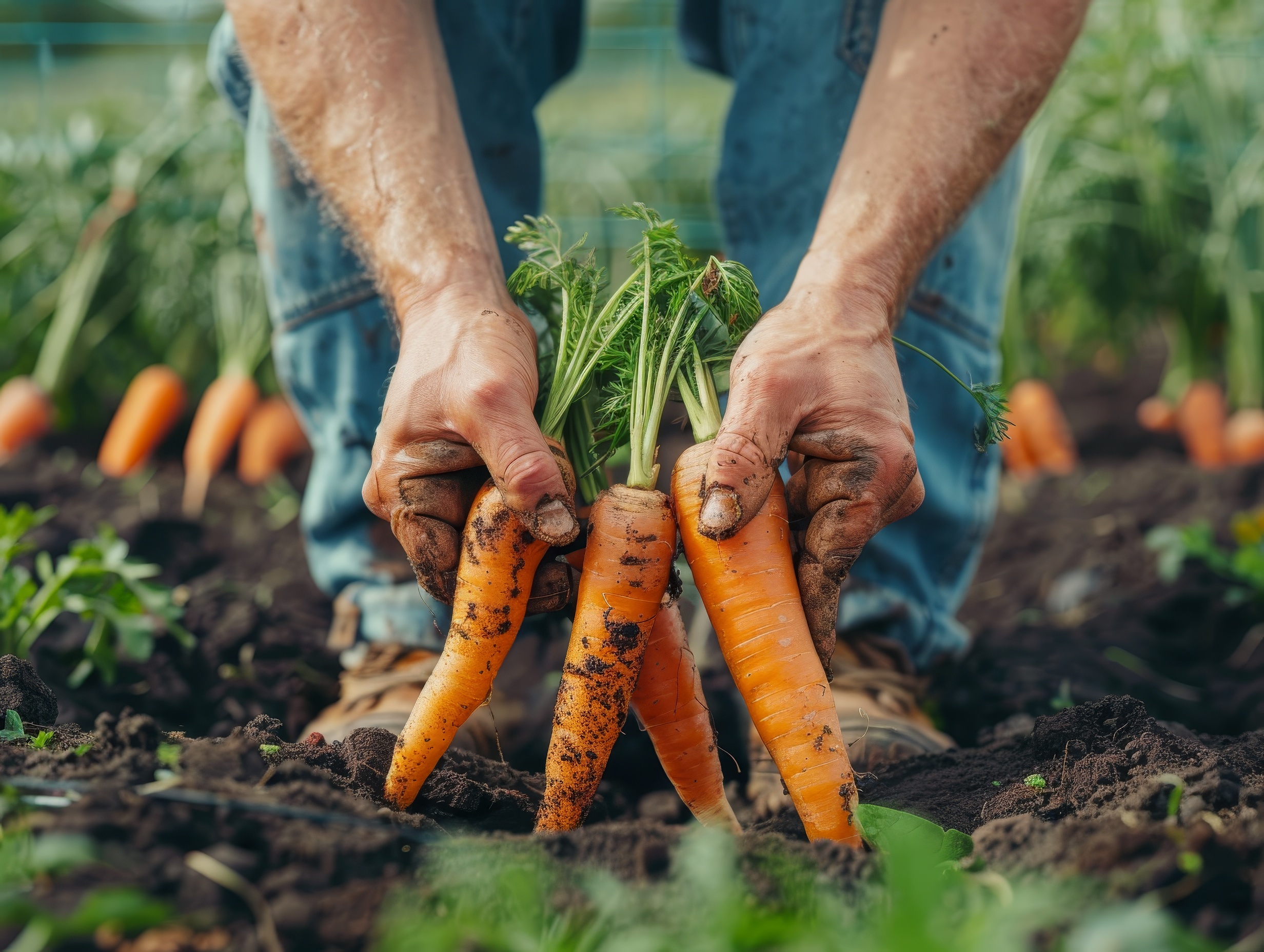 Hands pulling carrots from the carrot field