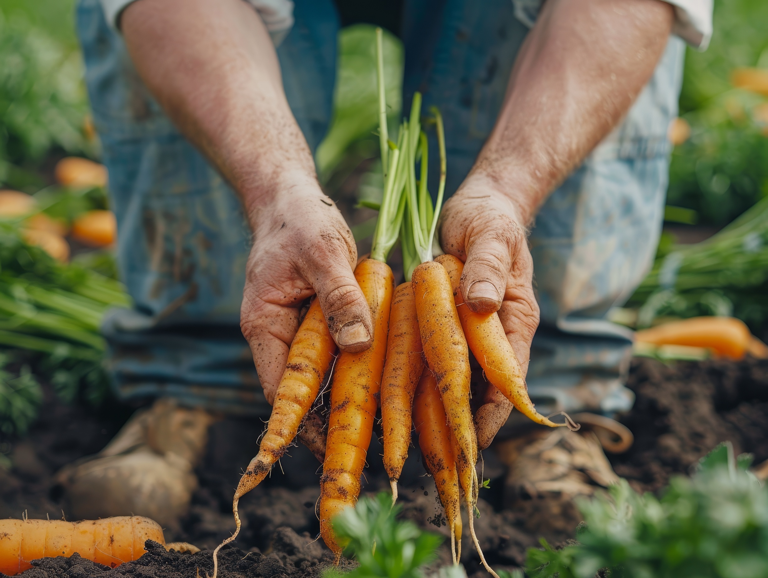 Hands pulling carrots from the carrot field