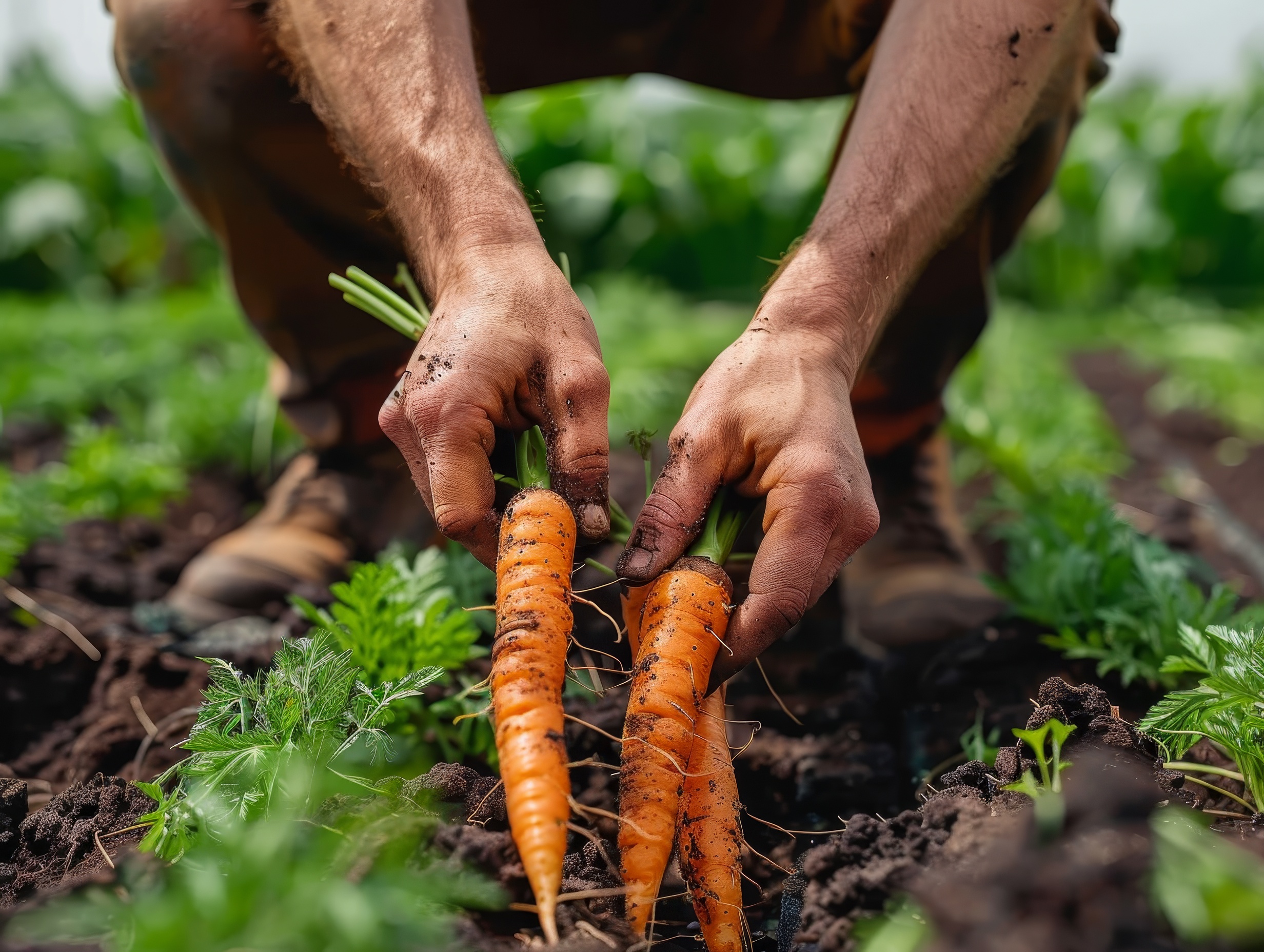 Hands pulling carrots from the carrot field