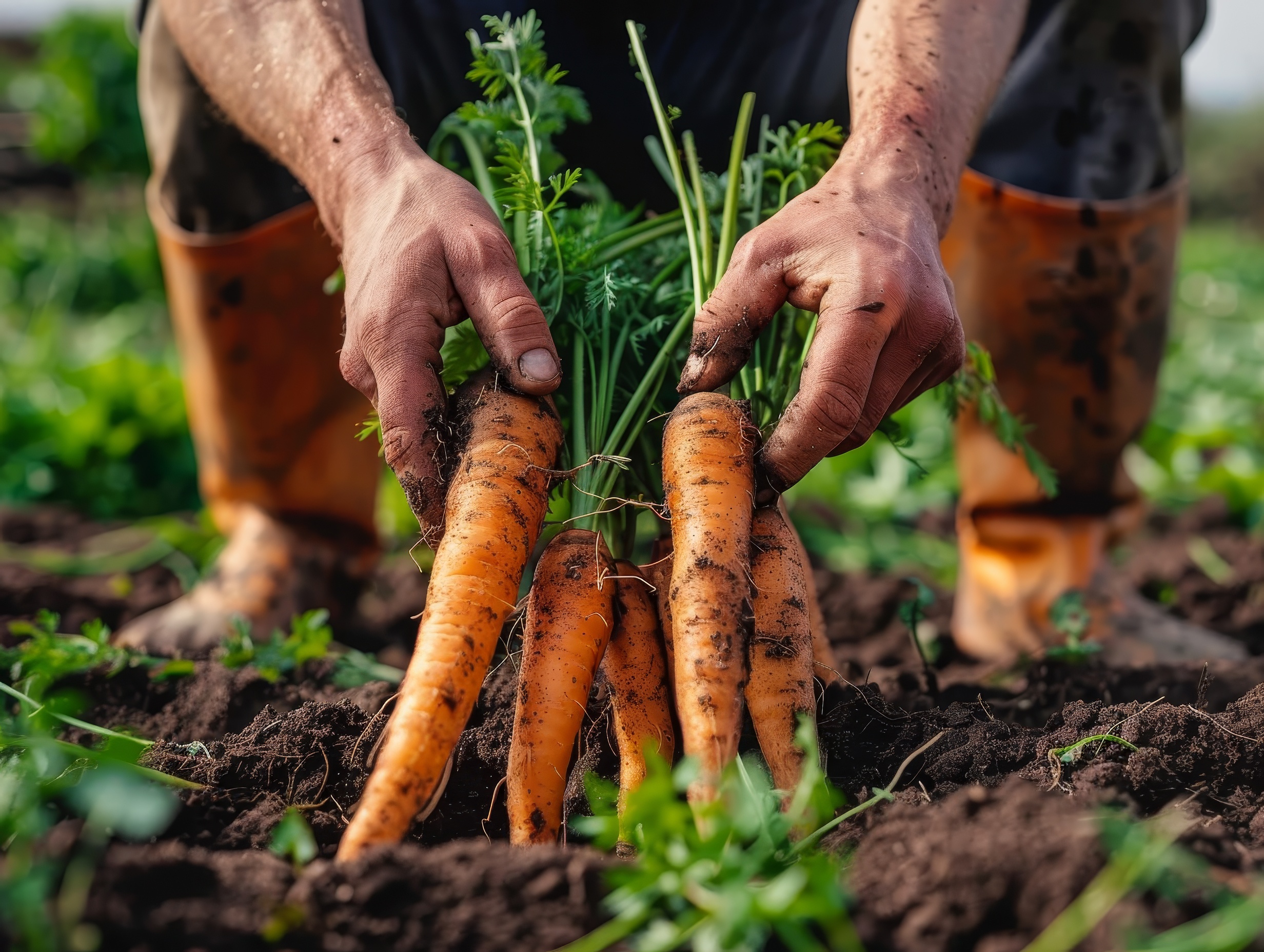 Hands pulling carrots from the carrot field