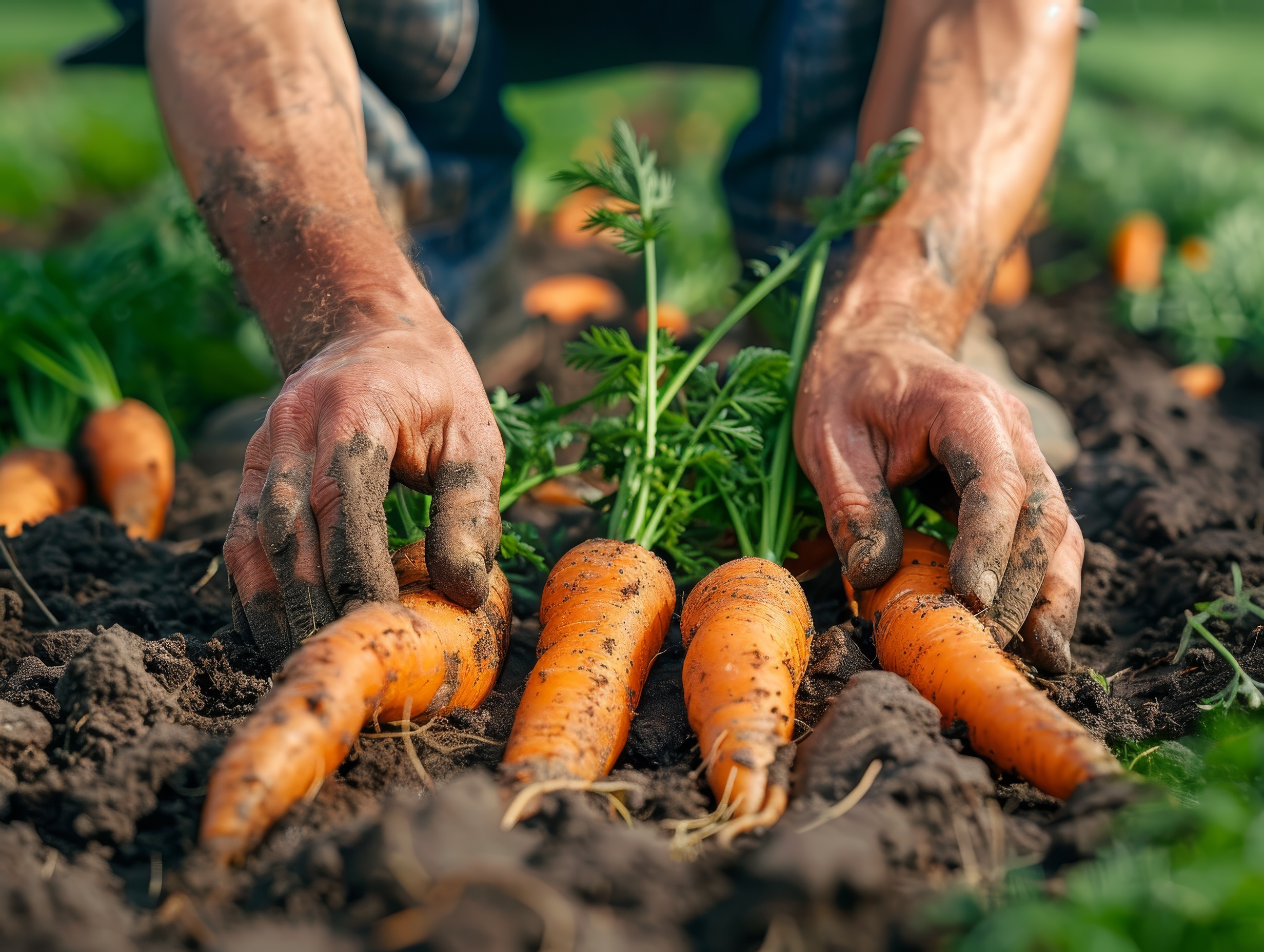 Hands pulling carrots from the carrot field