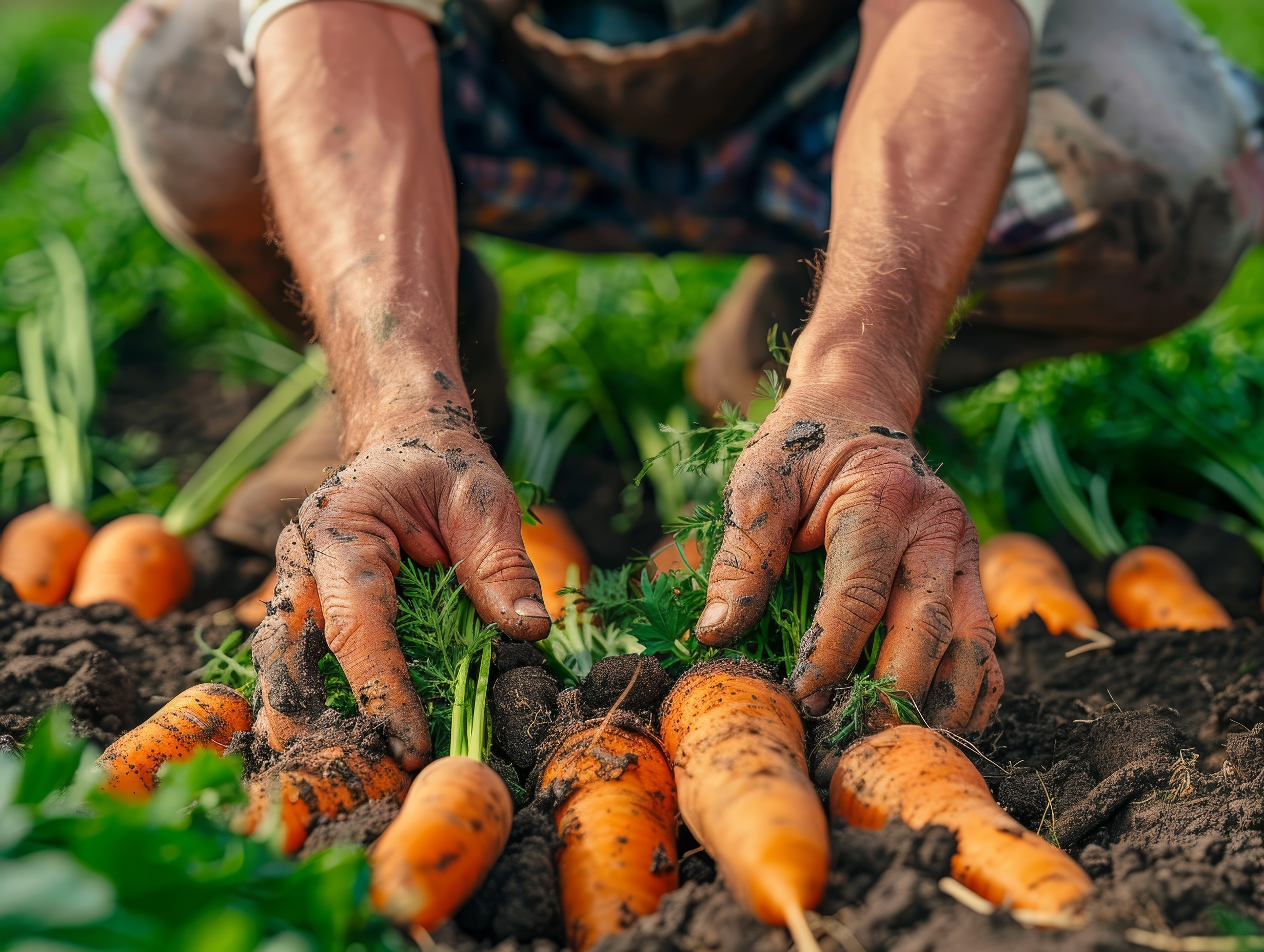 Hands pulling carrots from the carrot field