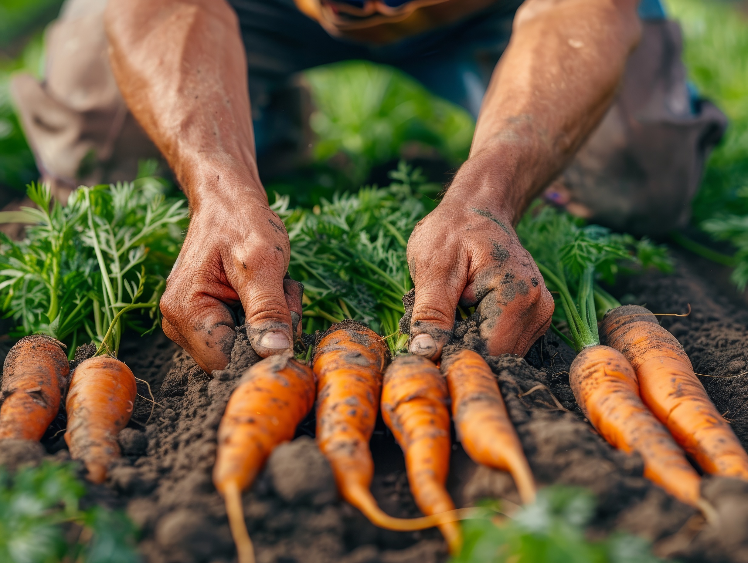 Hands pulling carrots from the carrot field