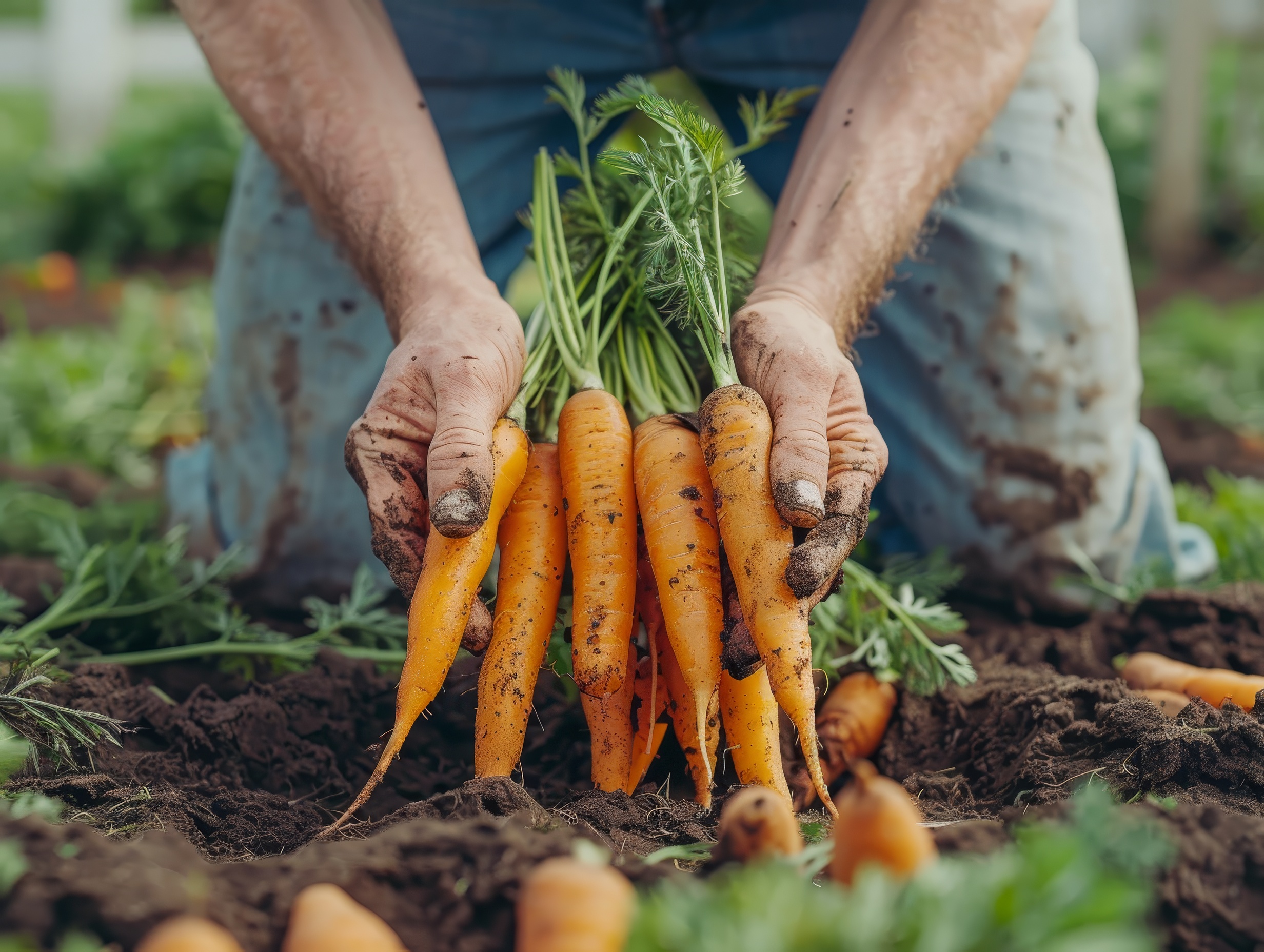 Hands pulling carrots from the carrot field