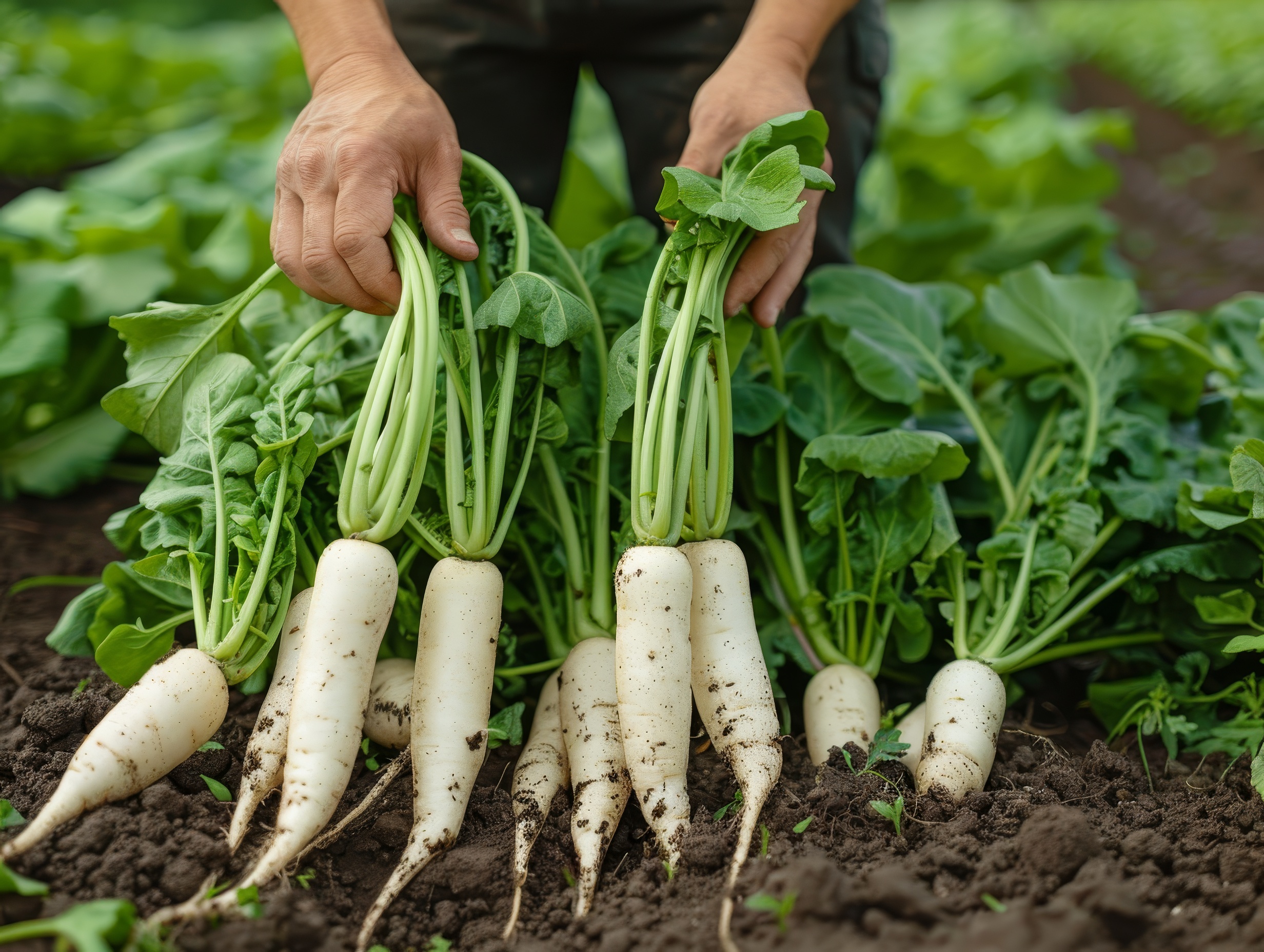 Hands pulling radishes from the radish field