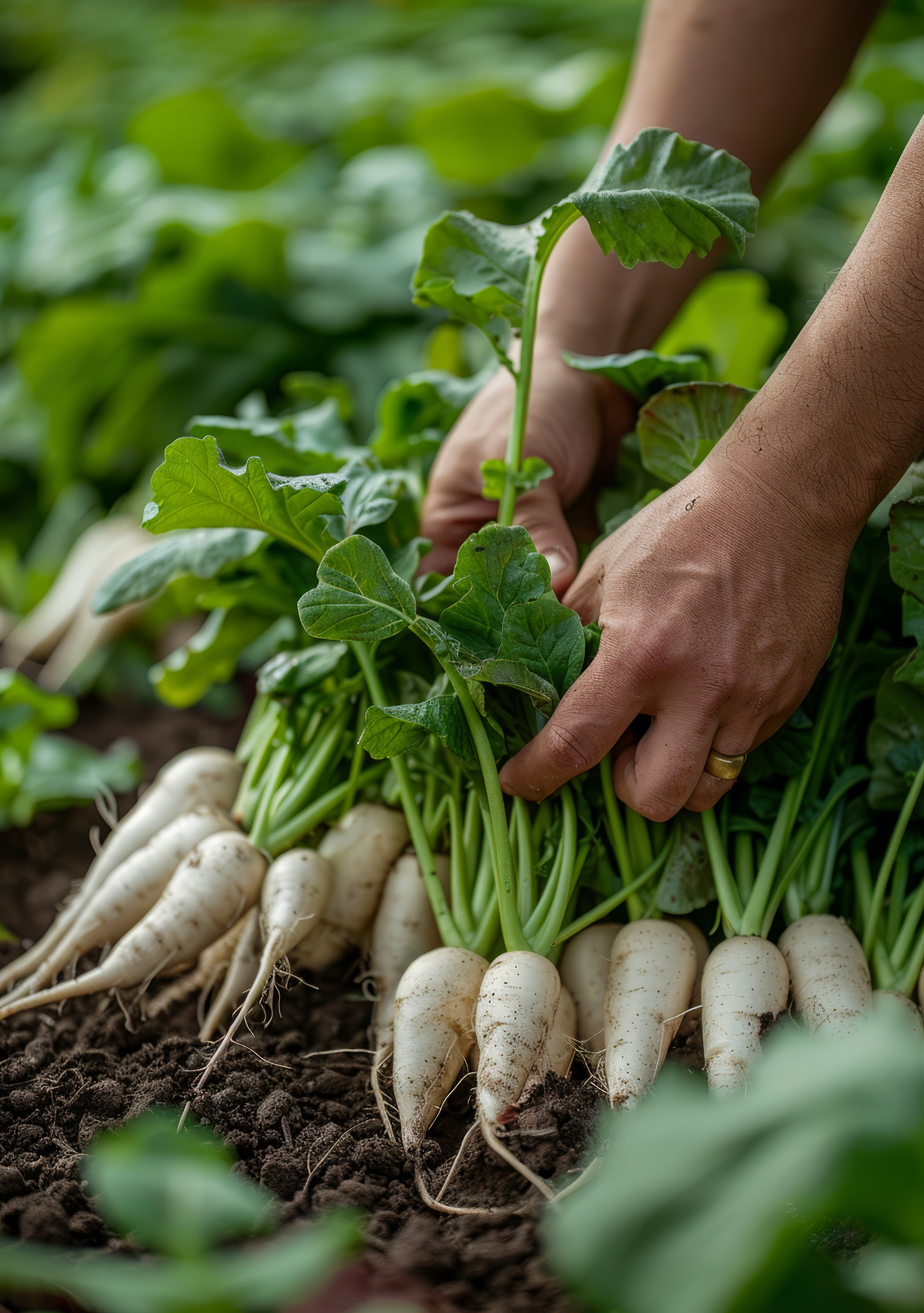 Hands pulling radishes from the radish field