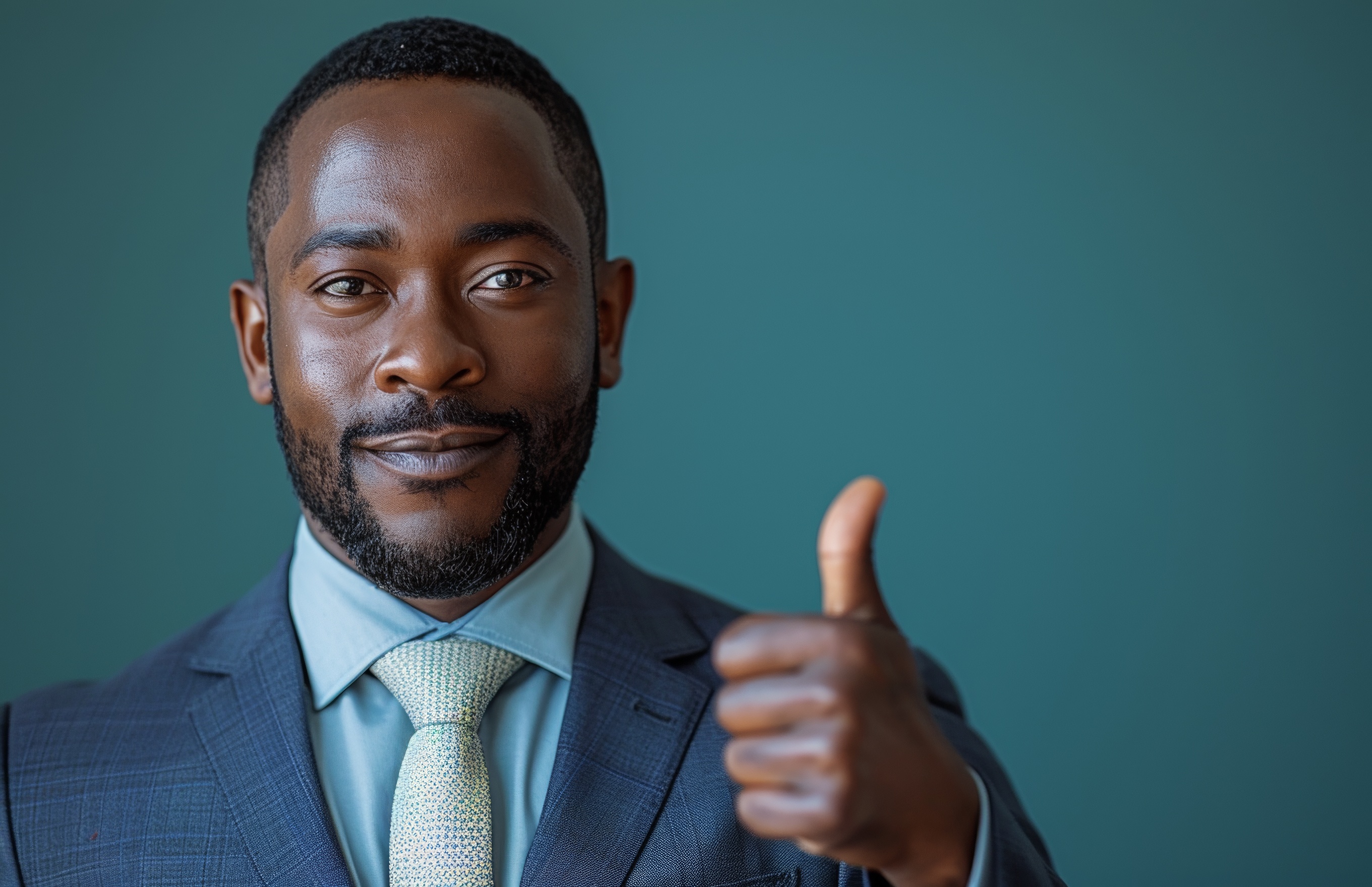 Handsome black business man in a suit showing thumbs up, Generative AI