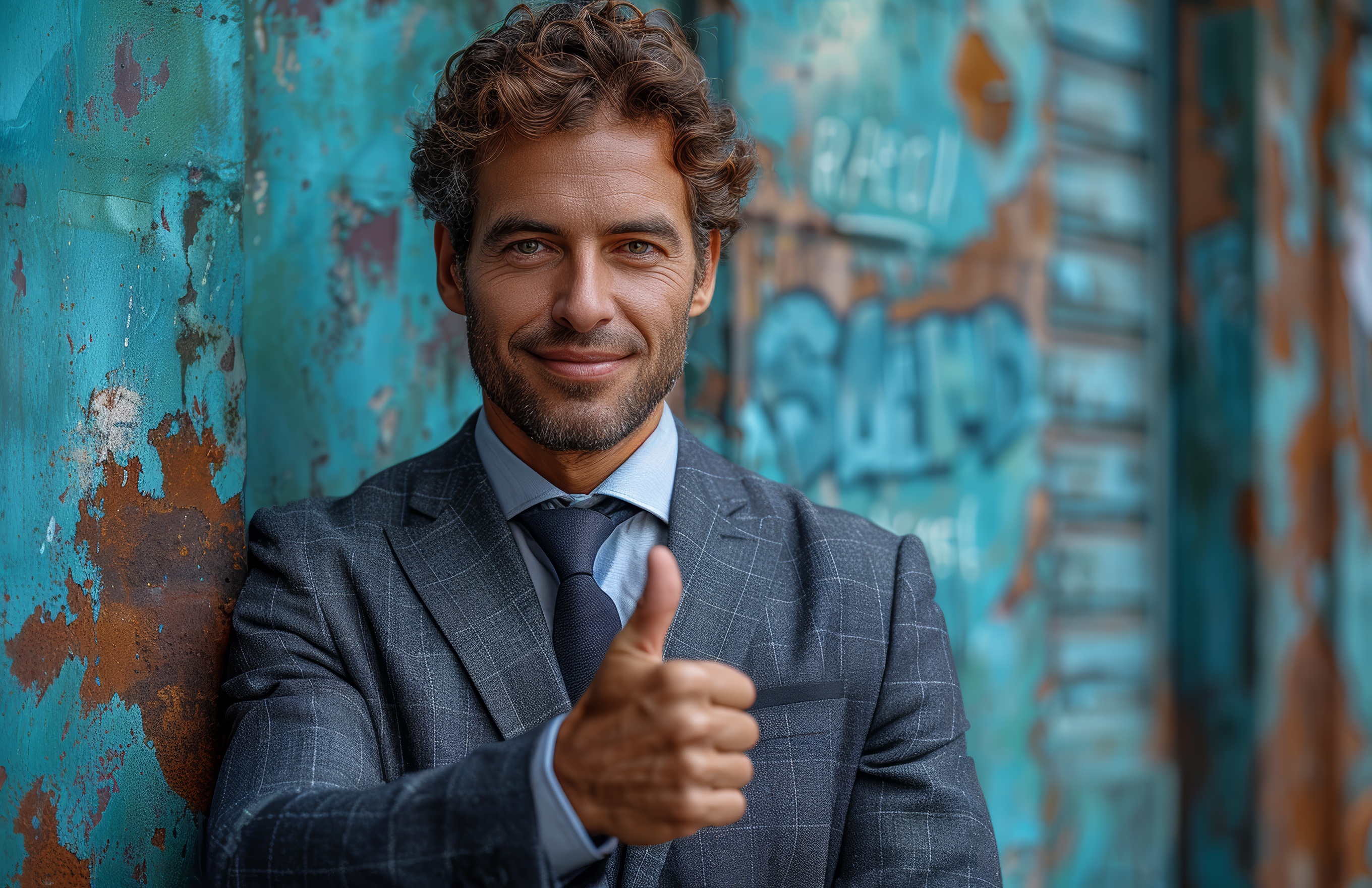 Handsome business man in a suit showing thumbs up, Generative AI