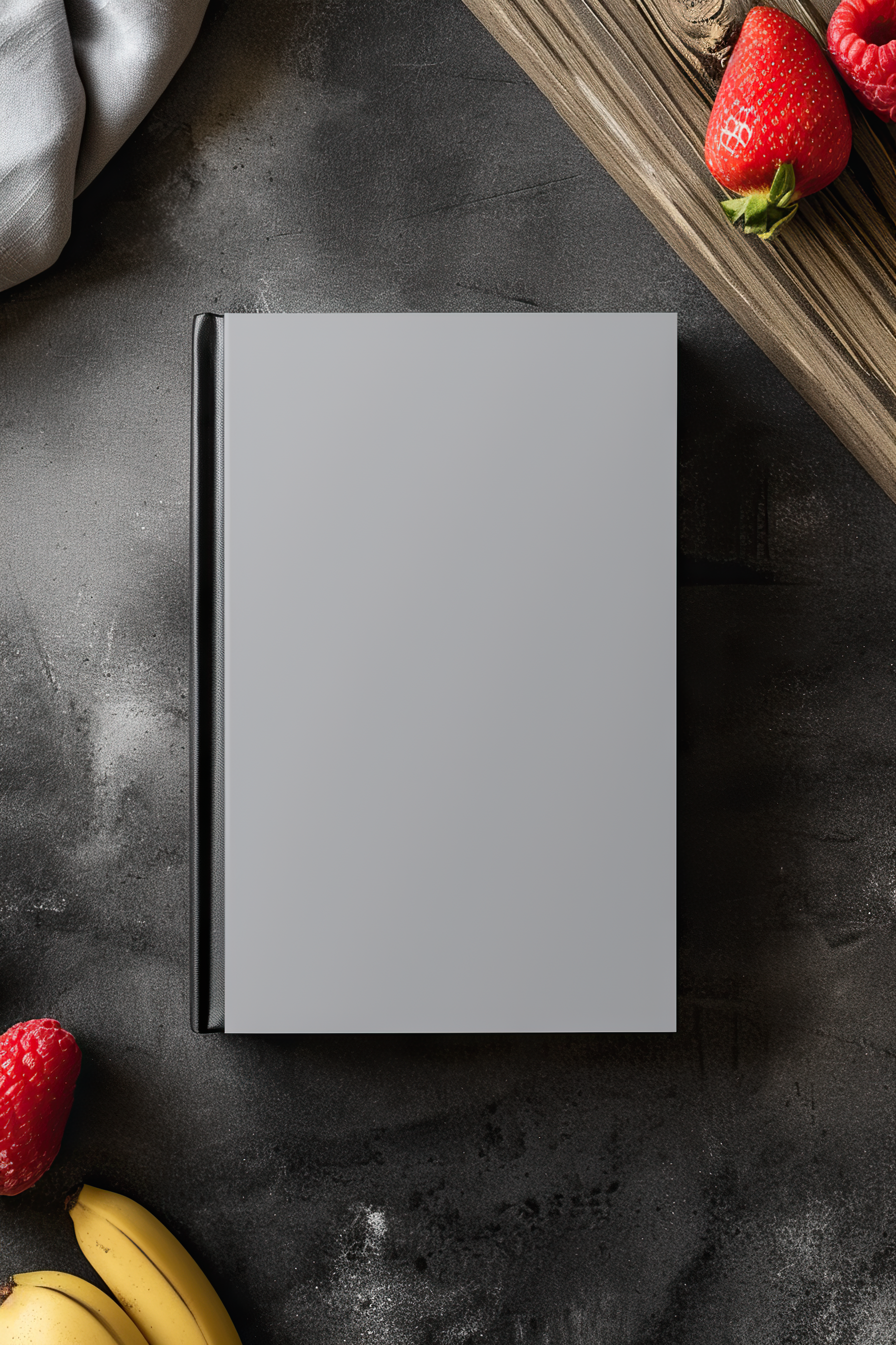 Hardcover journal blank mockup with fruits