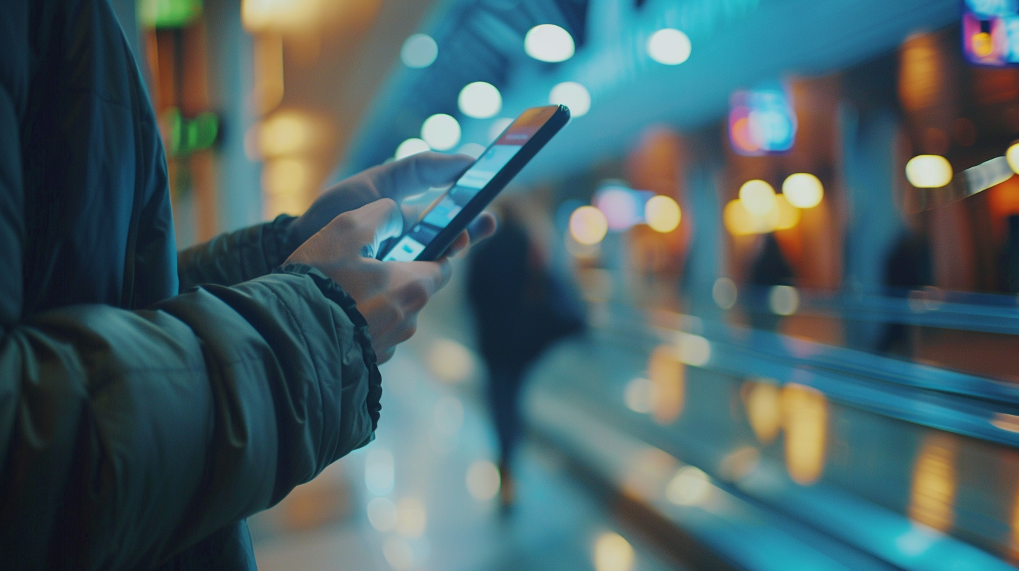 Image of hand holding mobile phone in blurred subway station background