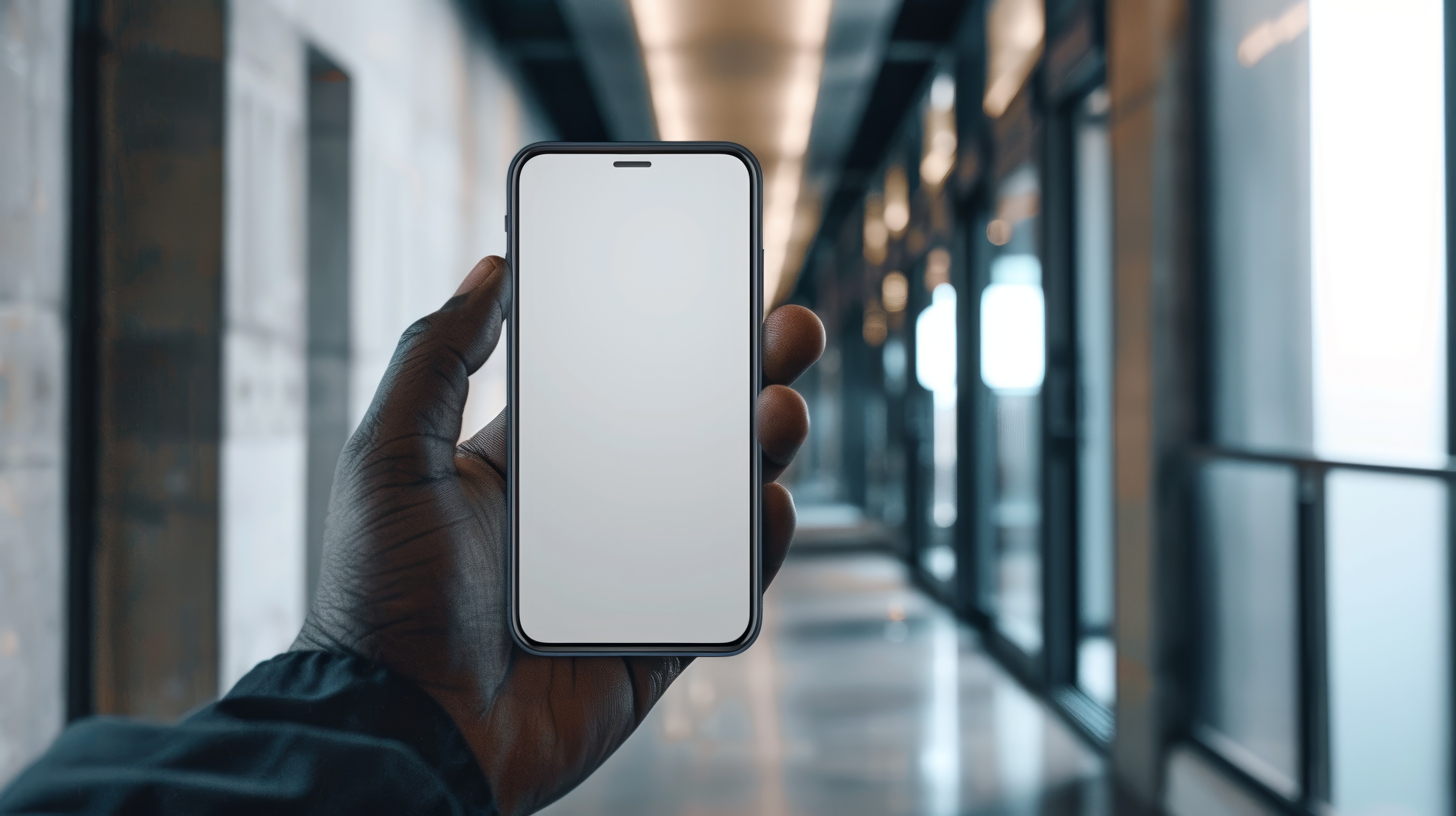 Image of hand holding mobile phone with white screen in blurred subway station background