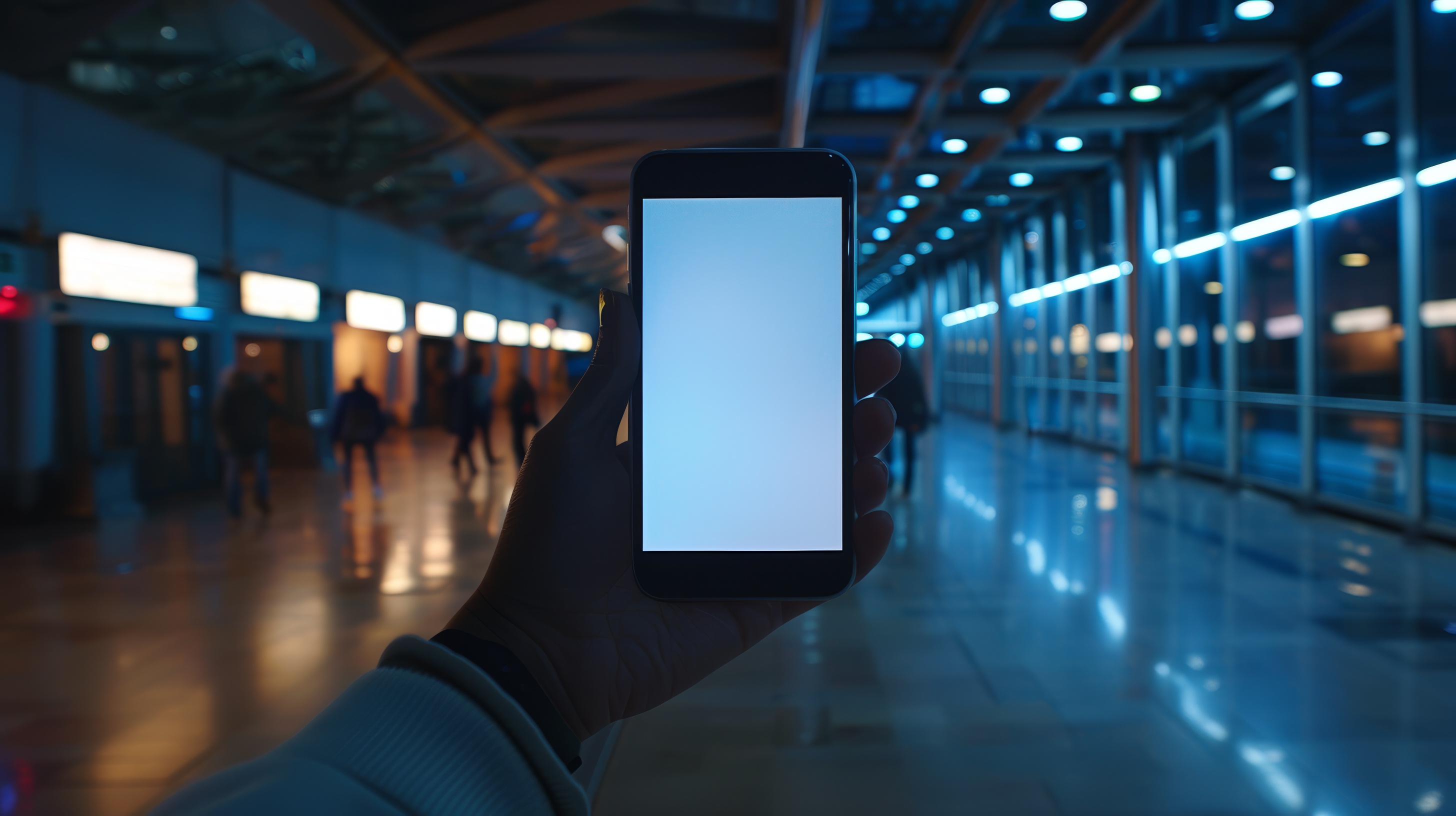 Image of hand holding mobile phone with white screen in blurred subway station background