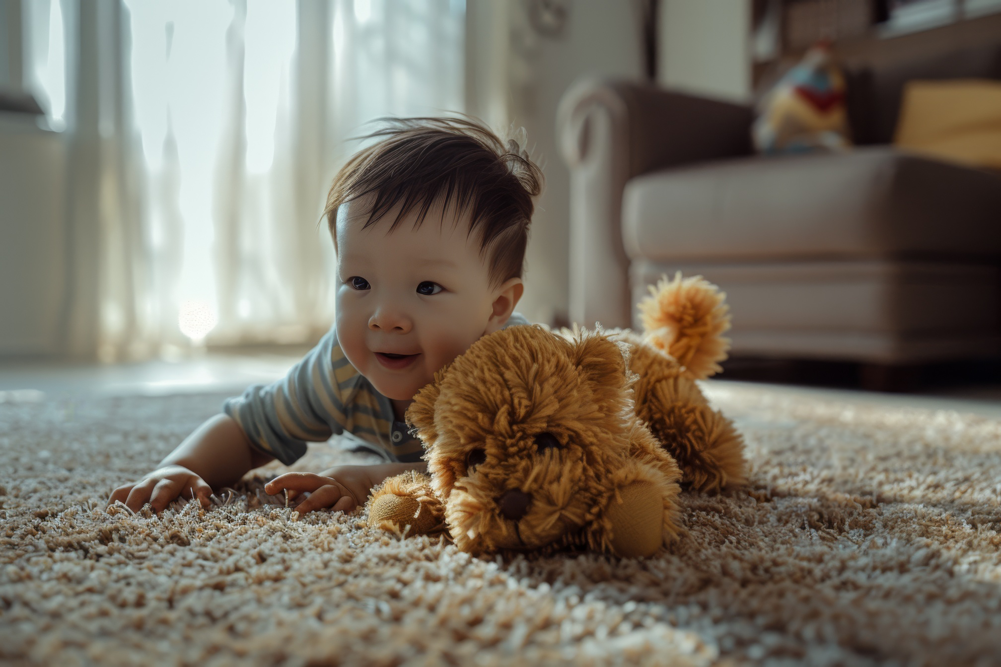 Little baby boy playing at home with teddy bear toys, Generative AI