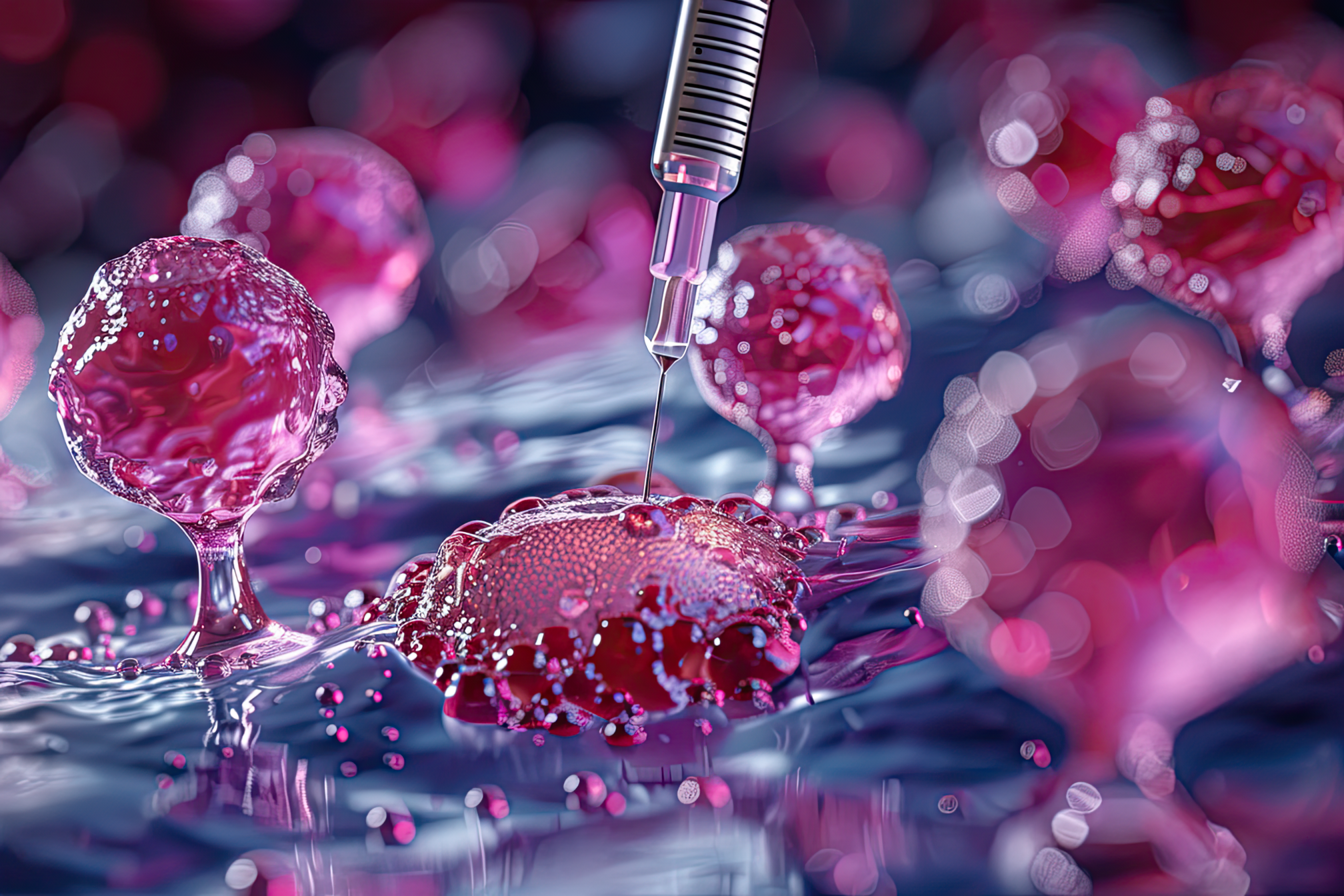 Macro image of a needle being pricked at a cancer cell