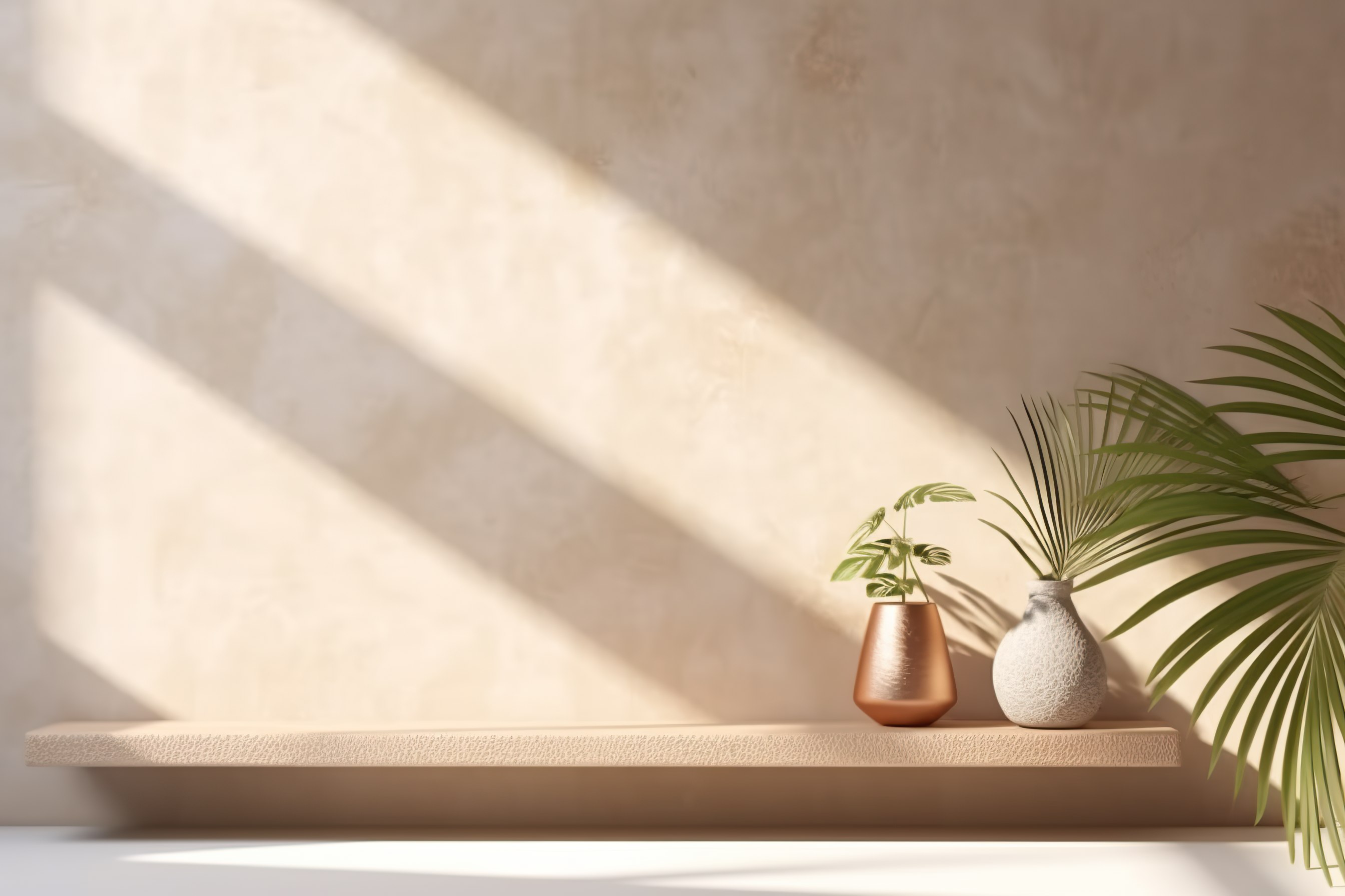 Minimal product placement background with tropical palm in clay pot and shadow on concrete wall