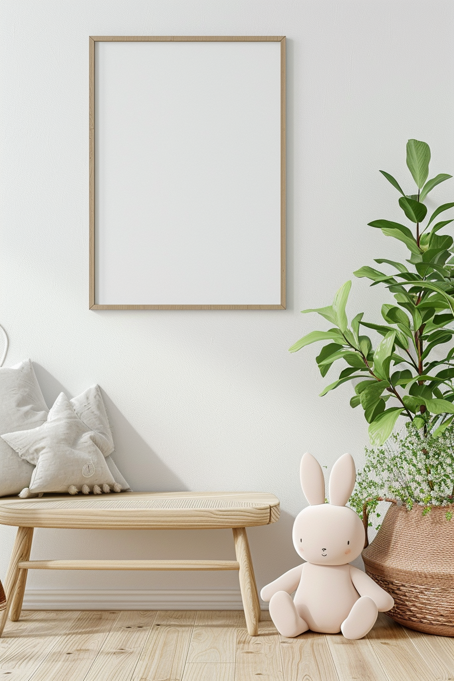 Mock up poster frame in children bedroom, a bright children room with a simple blank wall