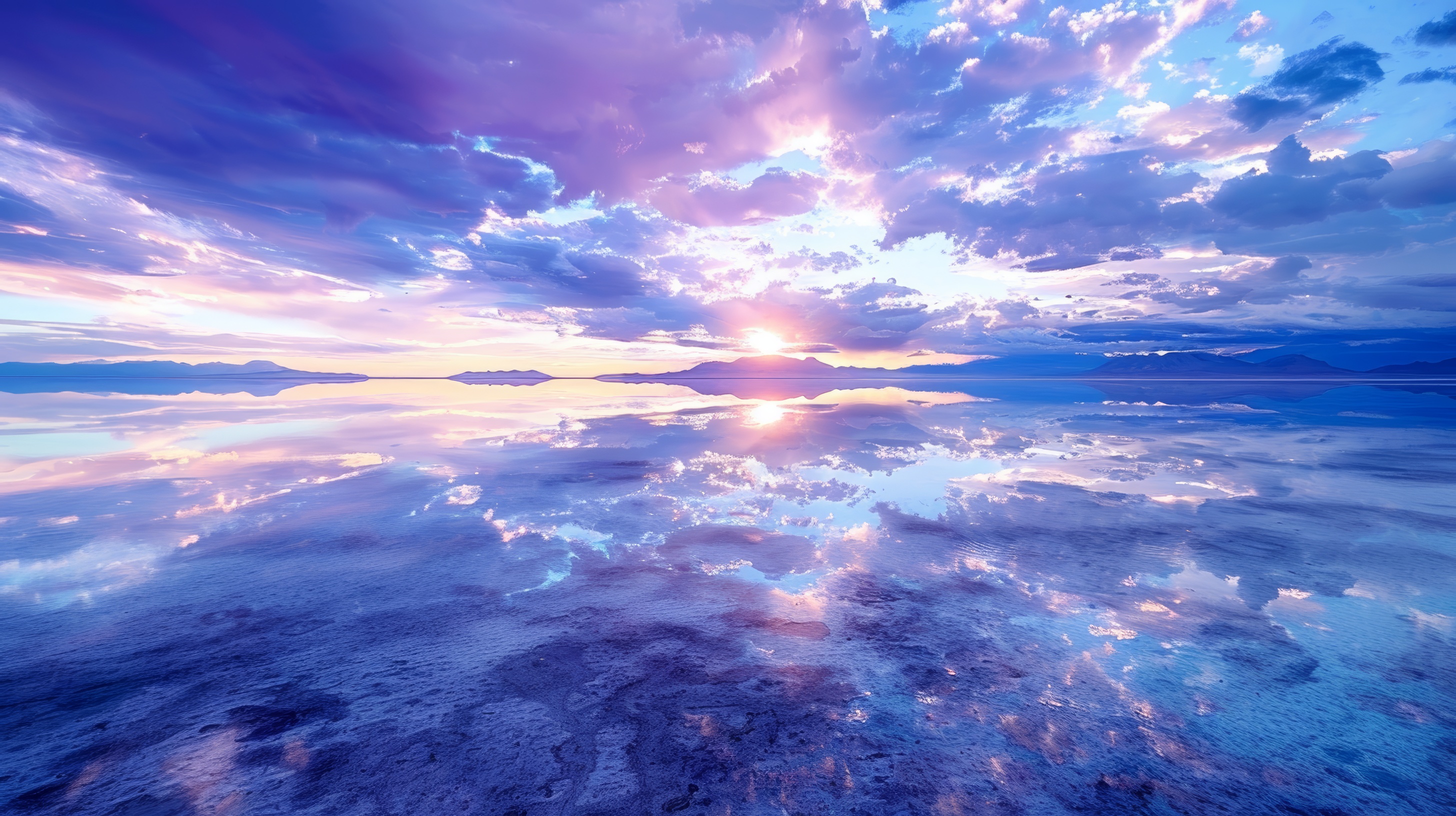 Ocean view, blue and purple sky with white clouds