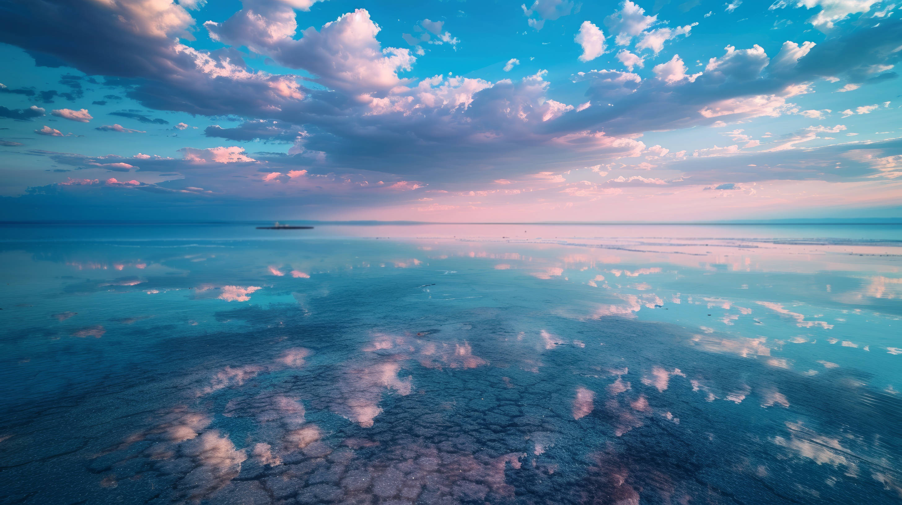 Ocean view, blue and purple sky with white clouds