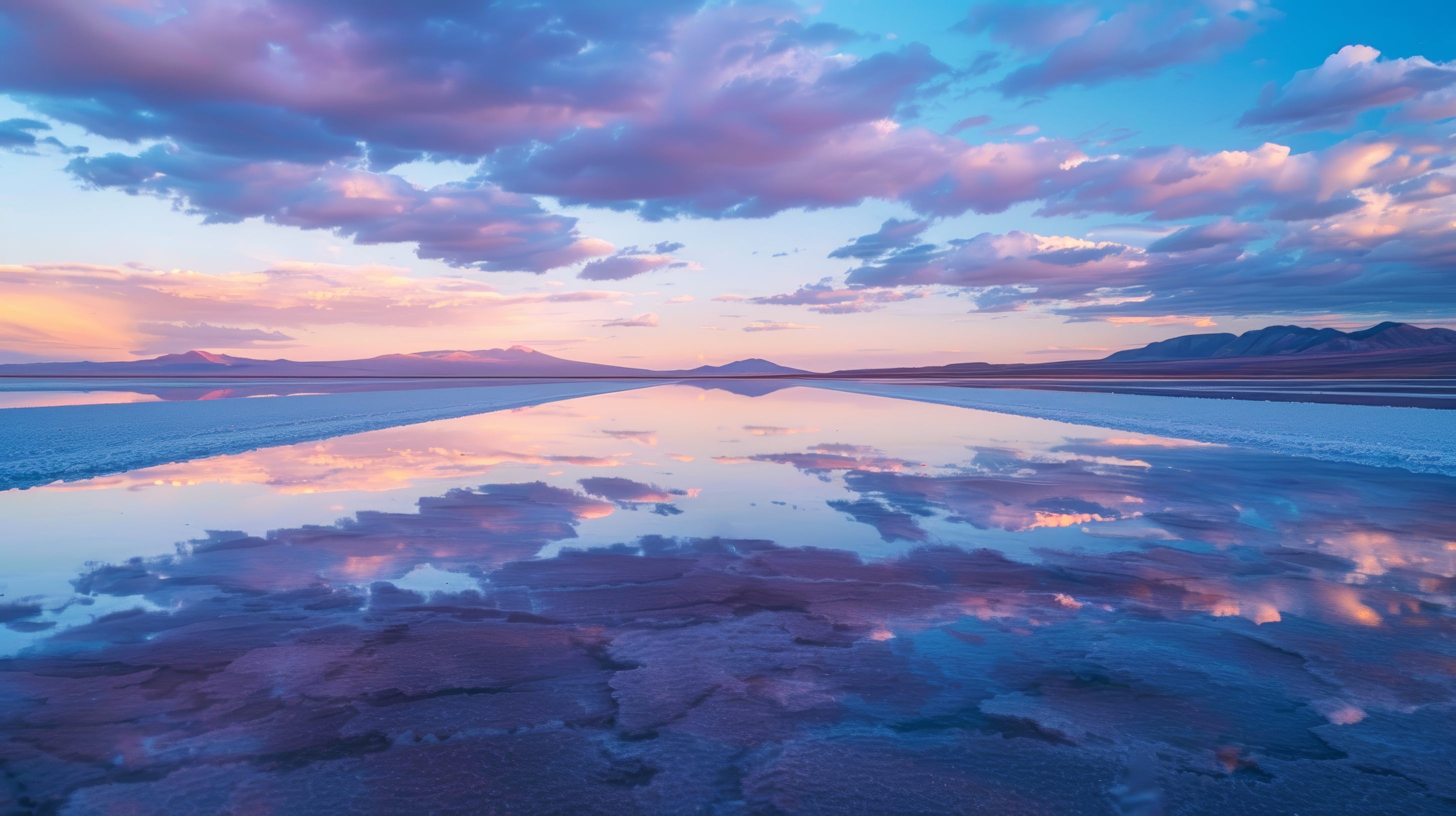 Ocean view, blue and purple sky with white clouds