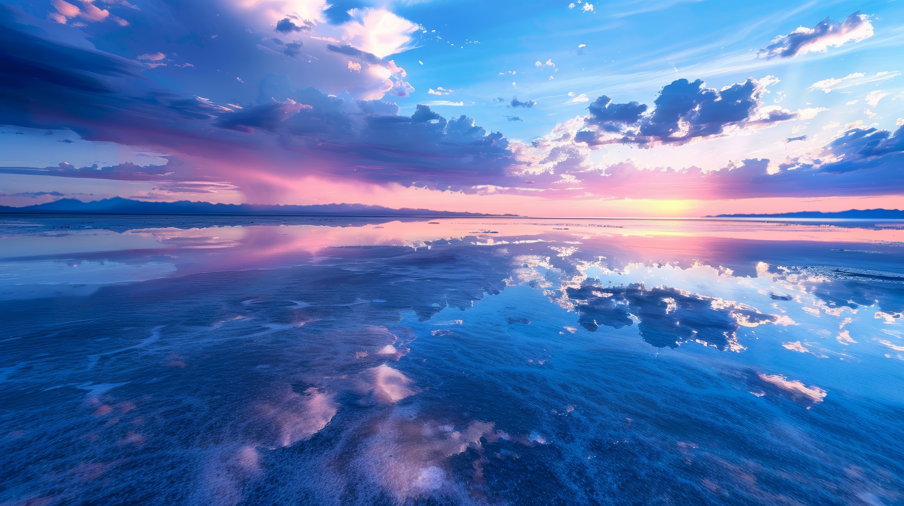 Ocean view, blue and purple sky with white clouds