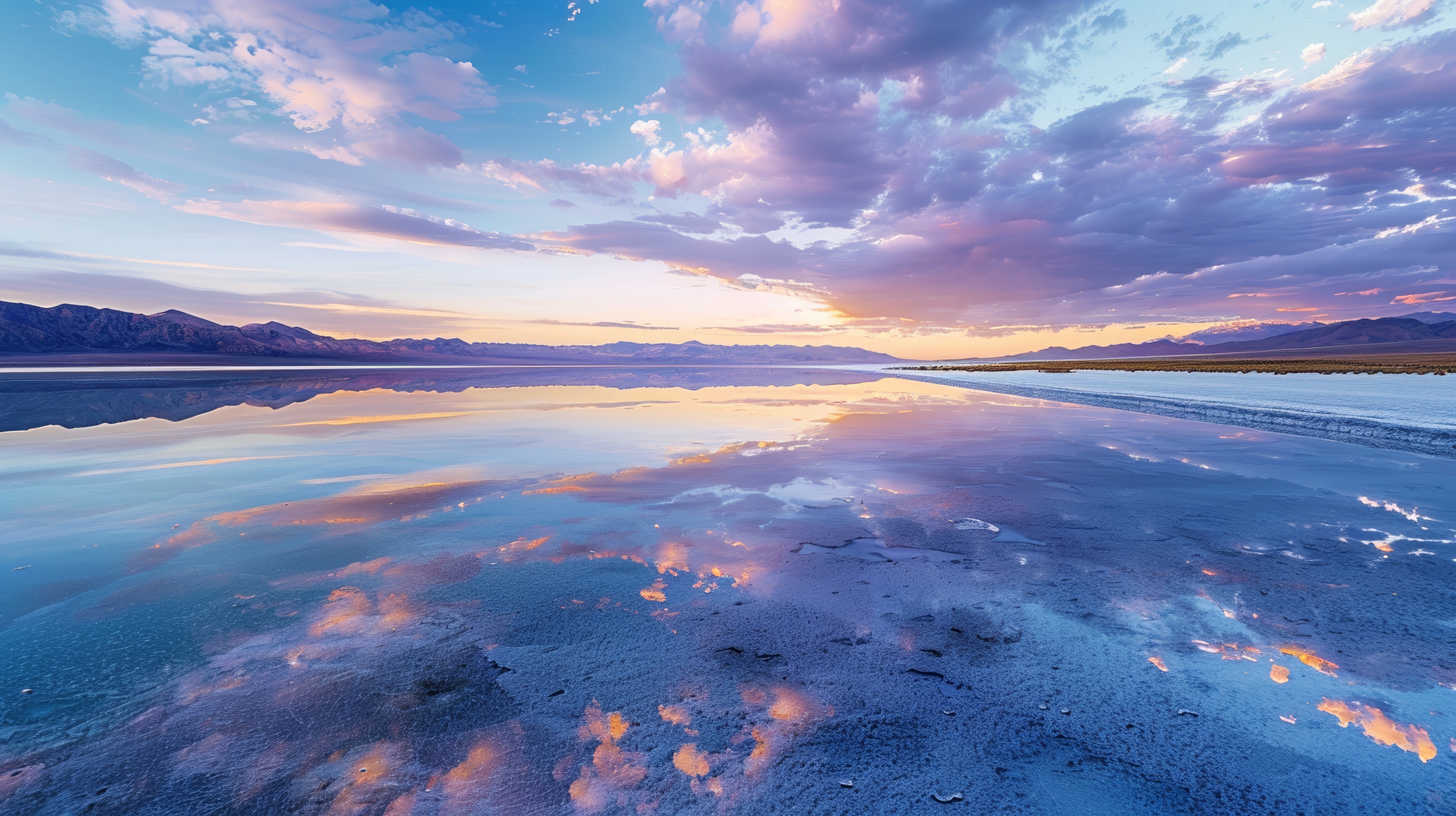 Ocean view, blue and purple sky with white clouds