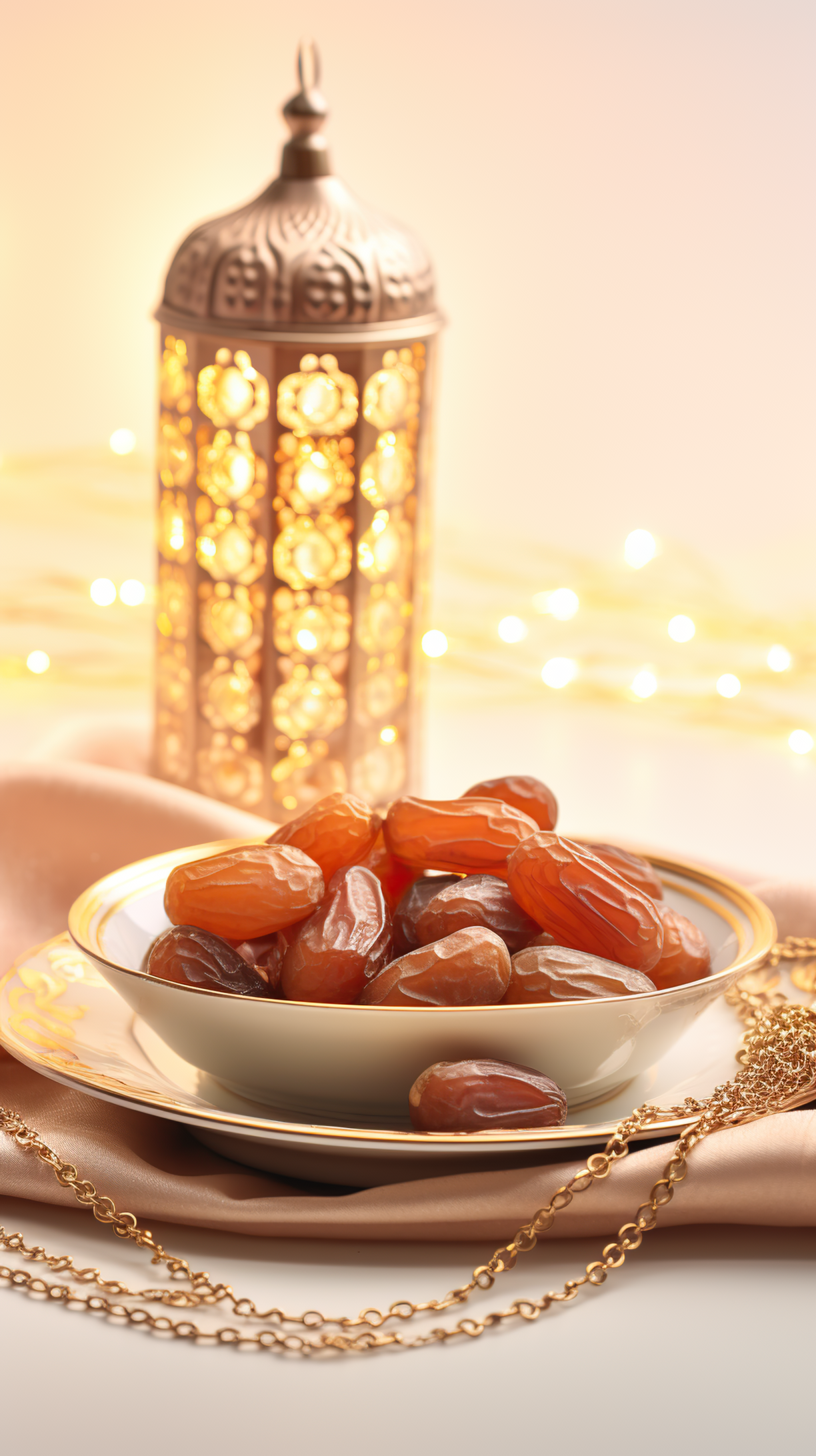 Plate with dates, decorative arabic lantern and rosary on a light background
